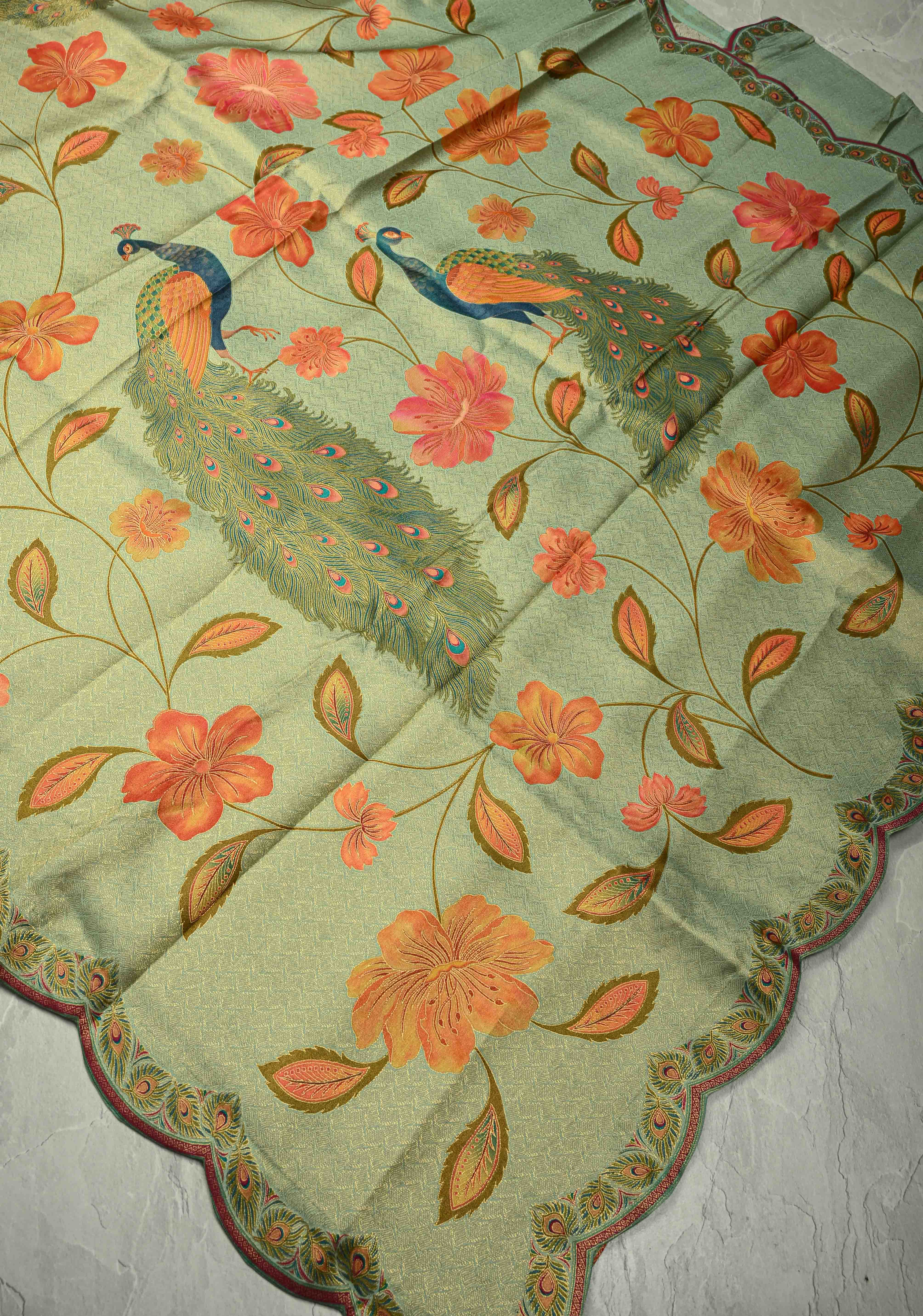 Vegan Silk Saree in Mint Green with Floral Jaal and Scallop Border | Shobitam - Image 4