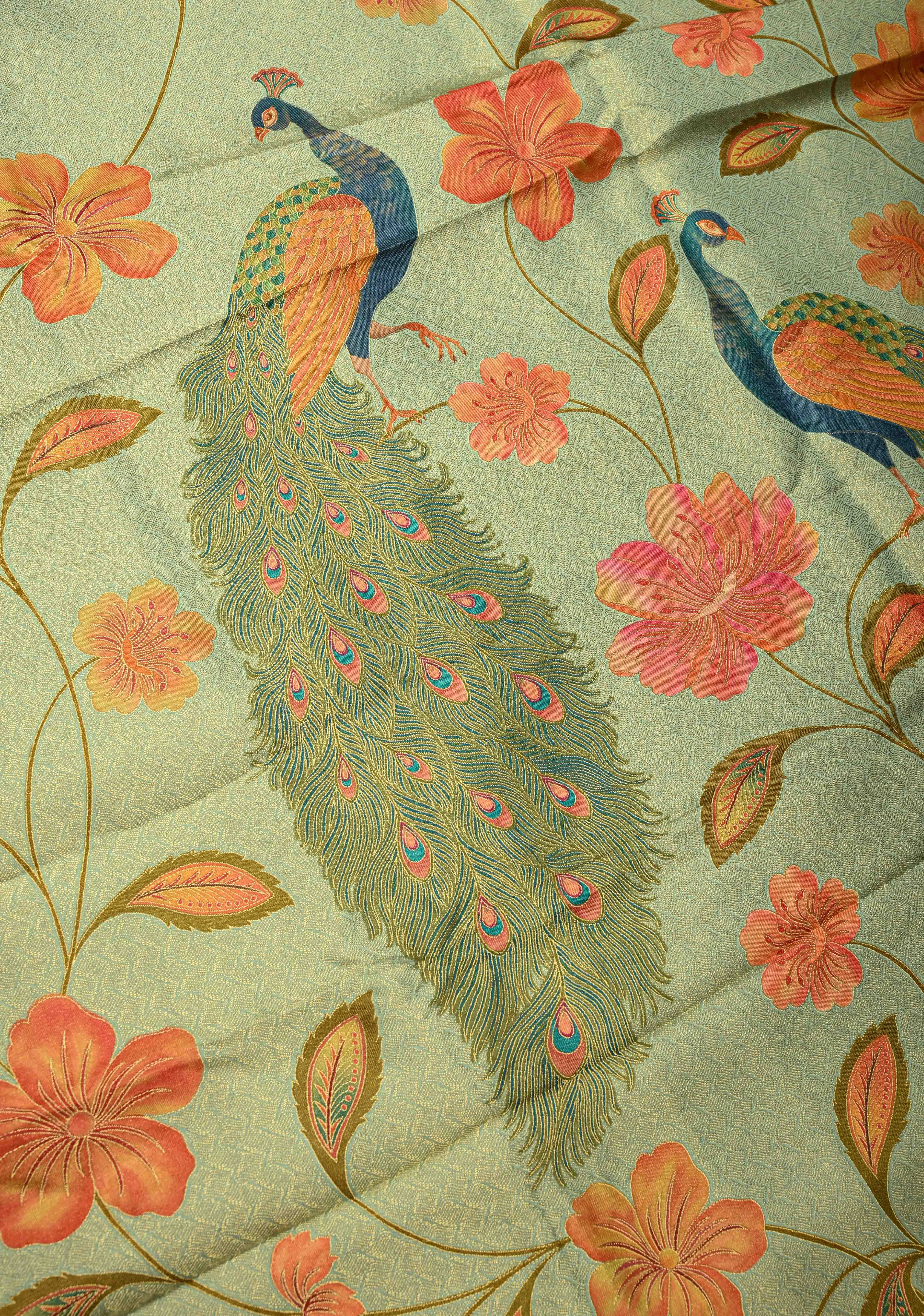 Vegan Silk Saree in Mint Green with Floral Jaal and Scallop Border | Shobitam - Image 6