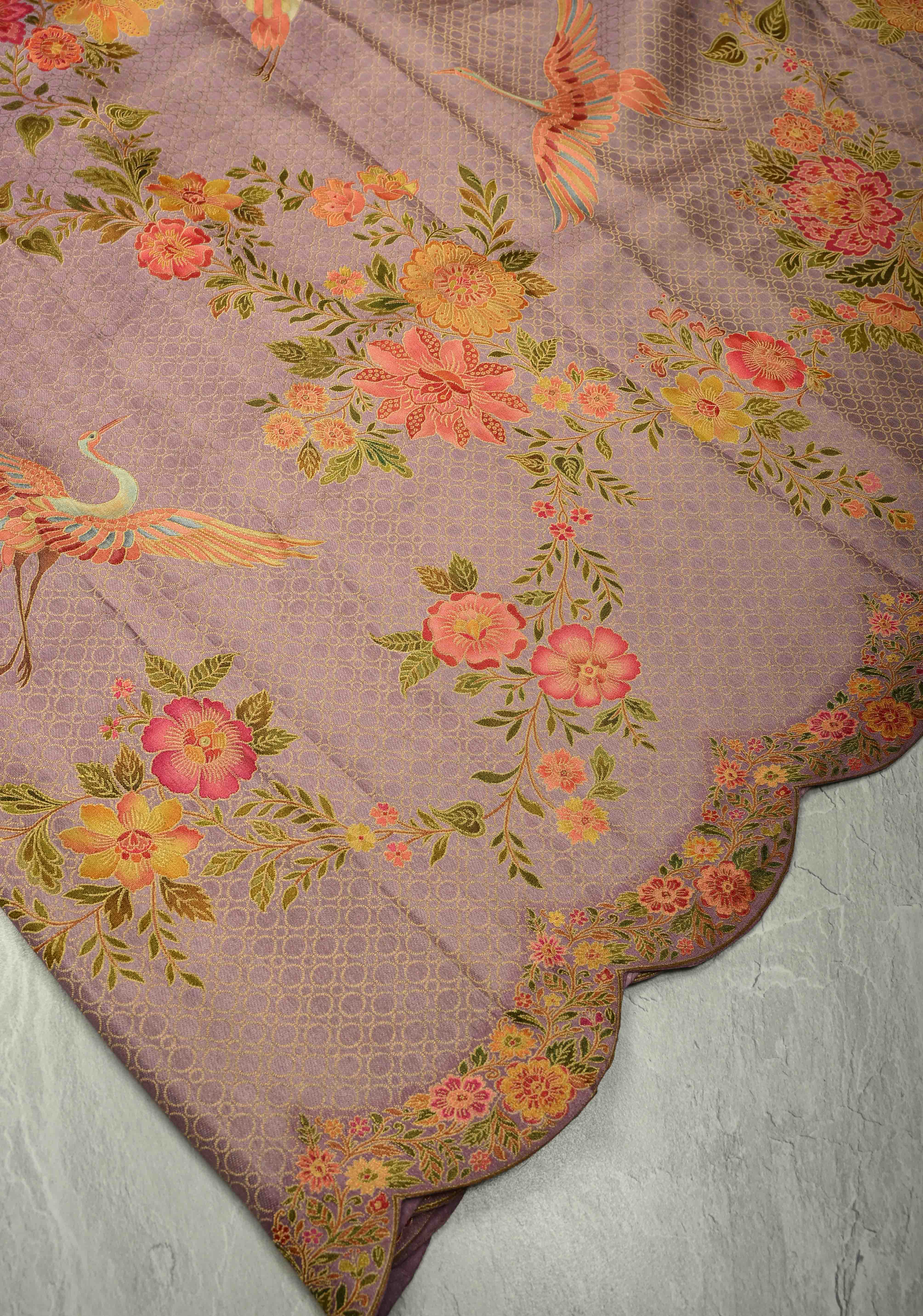 Brocade on Vegan Silk Saree in Pastel Lavender with Floral-Birds design and Scallop border | Shobitam - Image 10