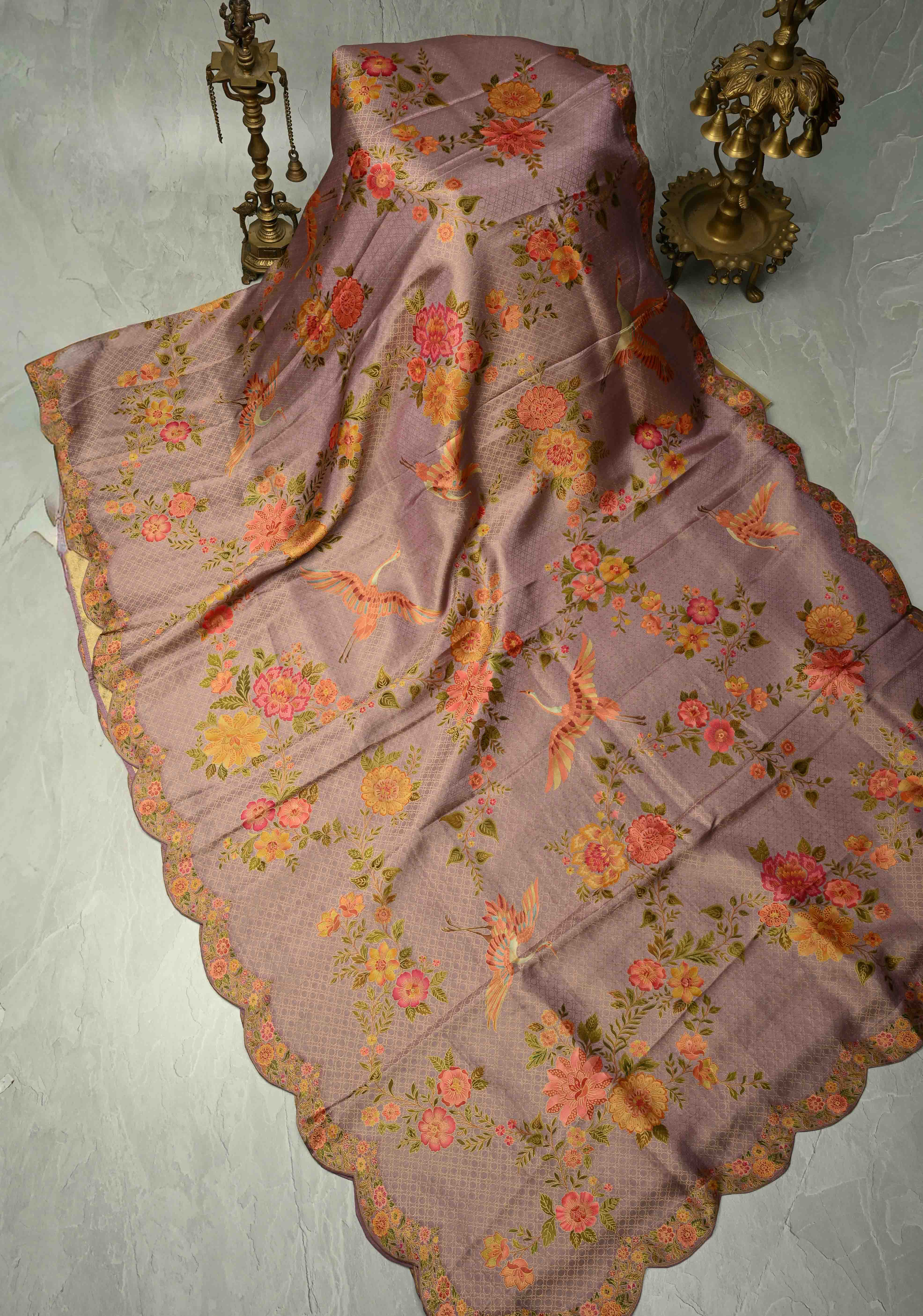 Brocade on Vegan Silk Saree in Pastel Lavender with Floral-Birds design and Scallop border | Shobitam - Image 3