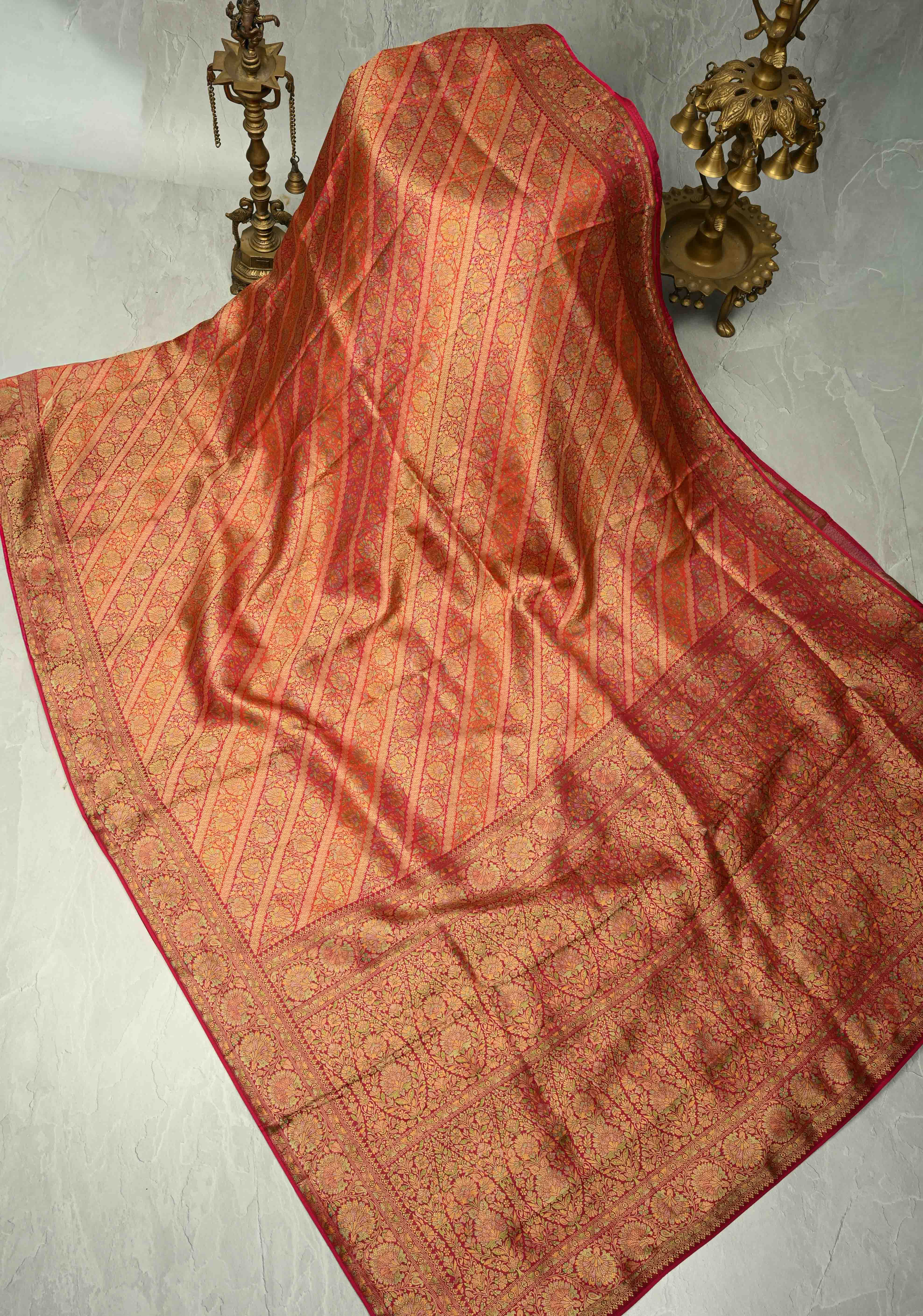 Vegan Silk Saree in Pink-Red with Lehriya Design and Border | Shobitam - Image 3