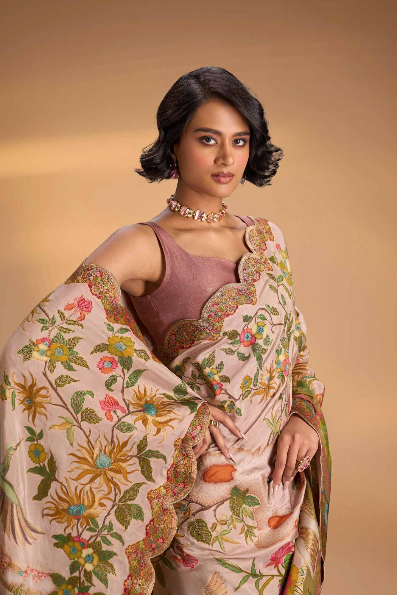 Vegan Soft Silk predraped Saree with Floral Brocade and Crane Motifs in Light Brown with Scallop Border No Blouse Piece Ready to Wear Saree - Image 2
