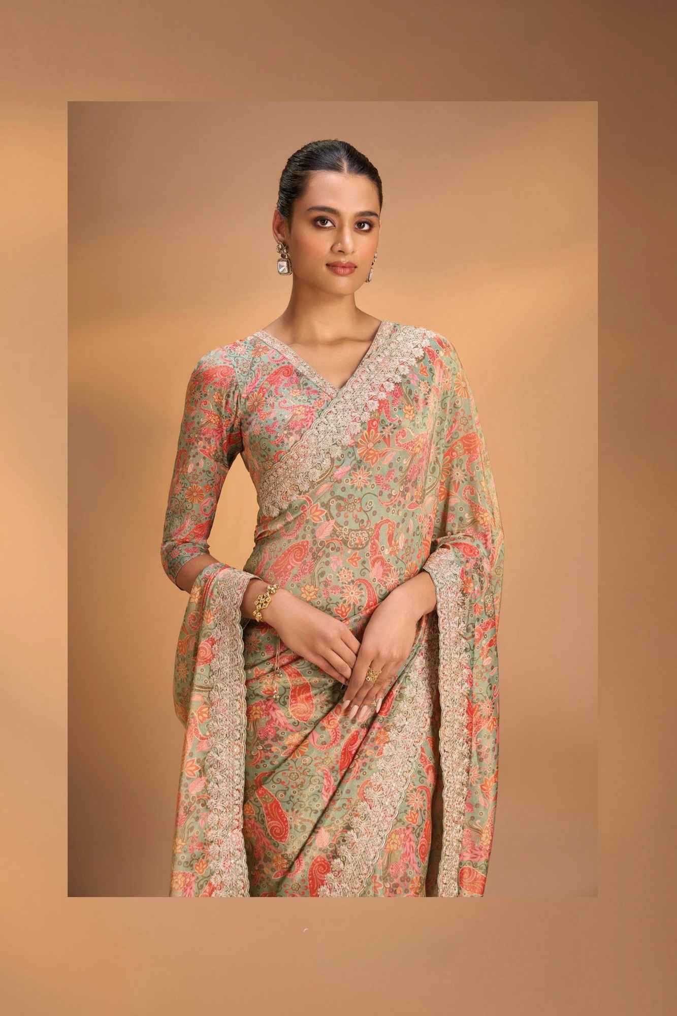 Vegan Tissue stitched Saree with Digital Print and Cord Pitta Embroidery Border, No Blouse Piece Ready to Wear Saree - Image 3