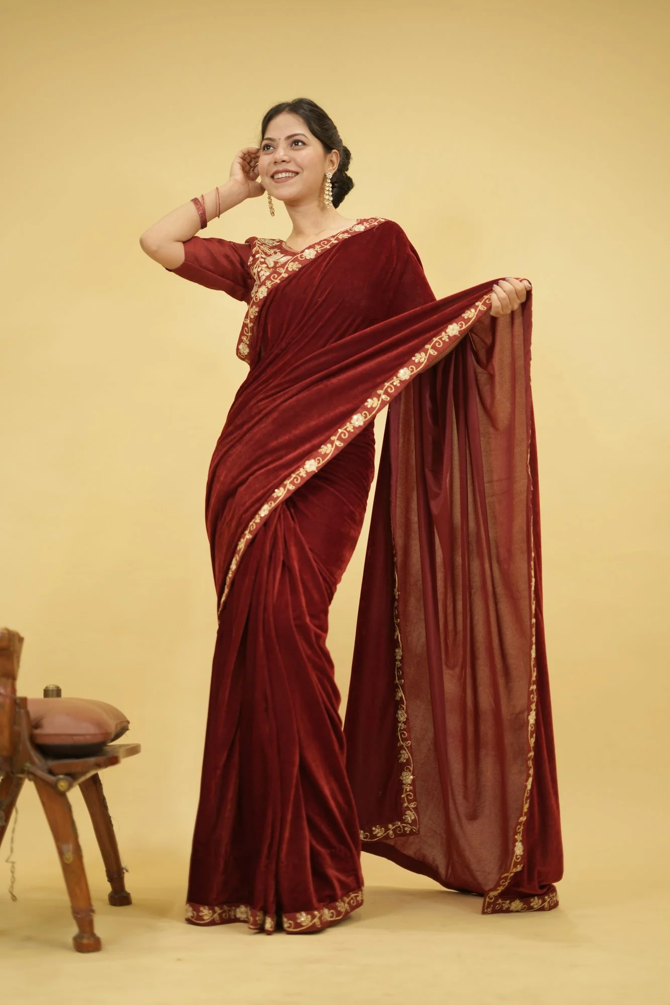 Velvet Embroidered Saree with Sequins Cording Lace Border Ready To Wear Saree with stitched blouse - Image 4