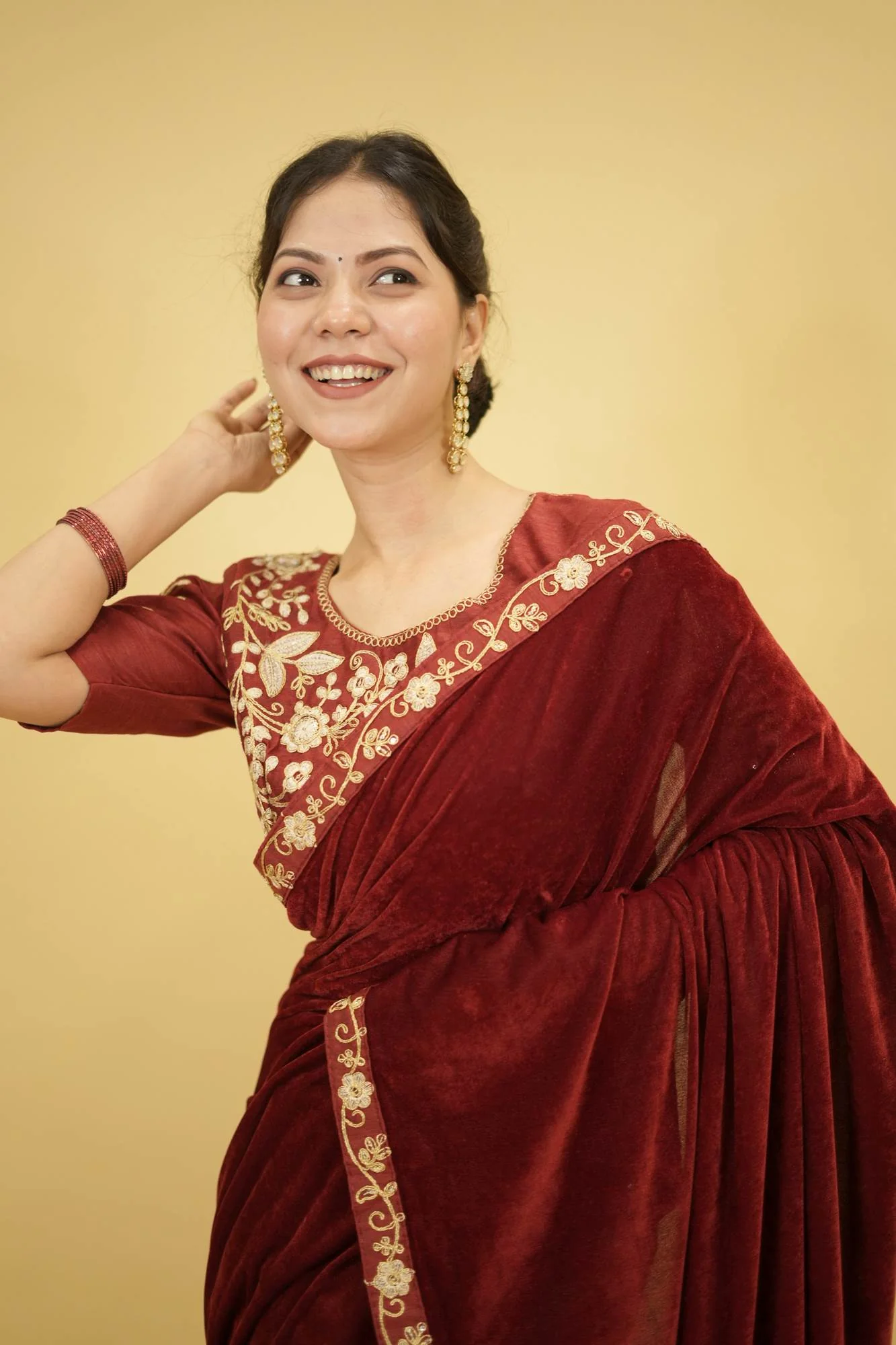 Velvet Embroidered Saree with Sequins Cording Lace Border Ready To Wear Saree with stitched blouse - Image 8