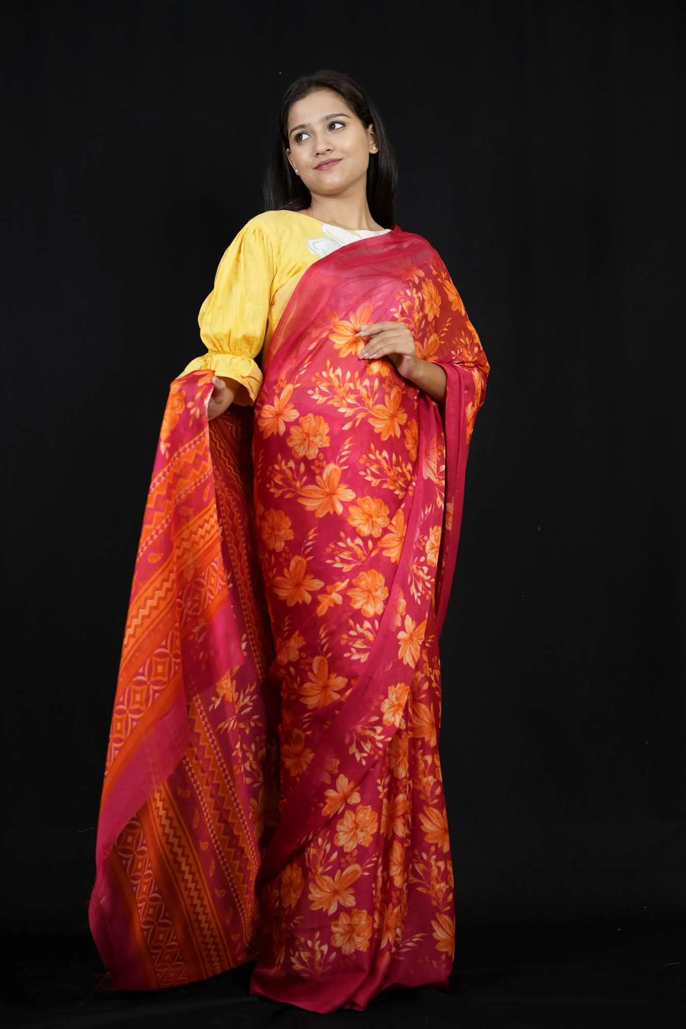 Vibrant Chiffon with Bold Floral Prints & Geometric Borders Ready To Wear Saree - Image 7