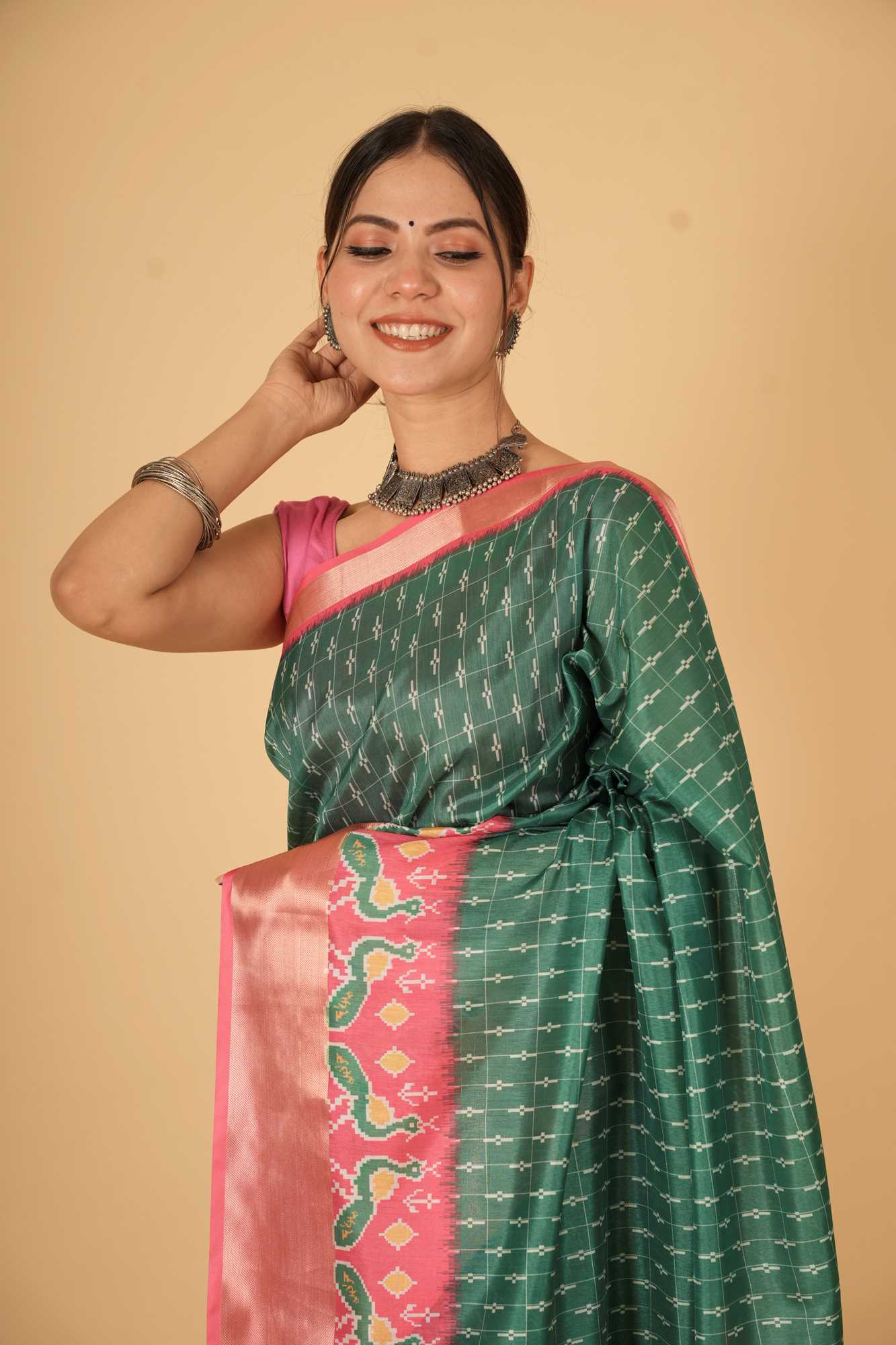 Vibrant Green and Pink inpired Silk with Geometric and Floral Patterns Ready To Wear Saree - Image 6