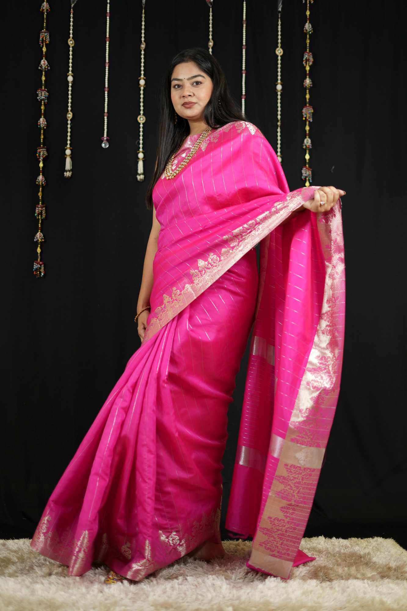 Vibrant Pink in Soft Catlon Silk with Zari Detailing Ready To Wear Saree - Image 5