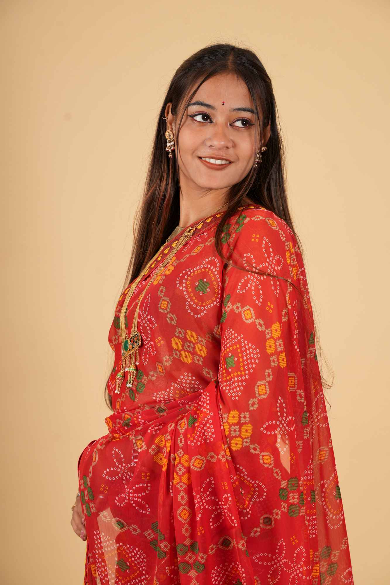 Vibrant Red Bandhej Georgette with Gota Patti Border Ready To Wear Saree - Image 2