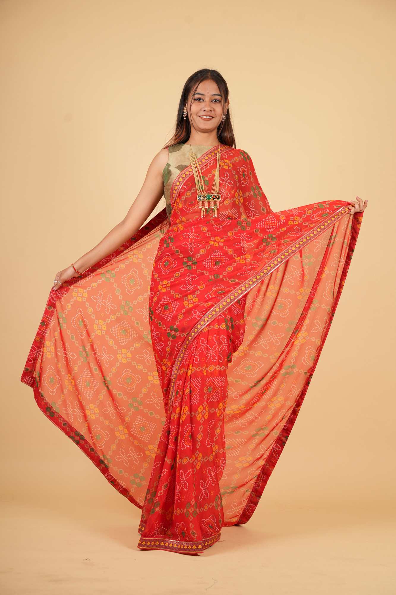 Vibrant Red Bandhej Georgette with Gota Patti Border Ready To Wear Saree - Image 5