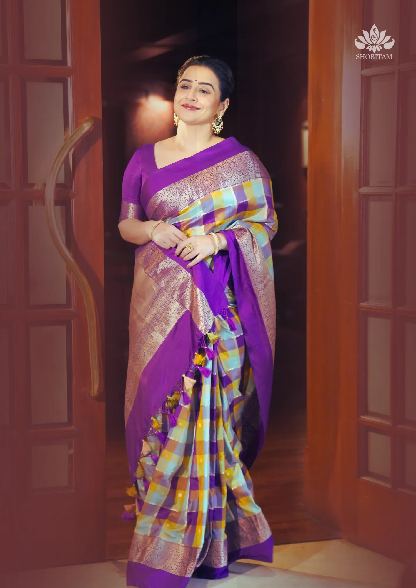 Exquisite Vidya Balan Checks Banarasi Silk Saree with Buttas and Kanjivaram Style Borders | SILK MARK CERTIFIED | Shobitam - Image 2