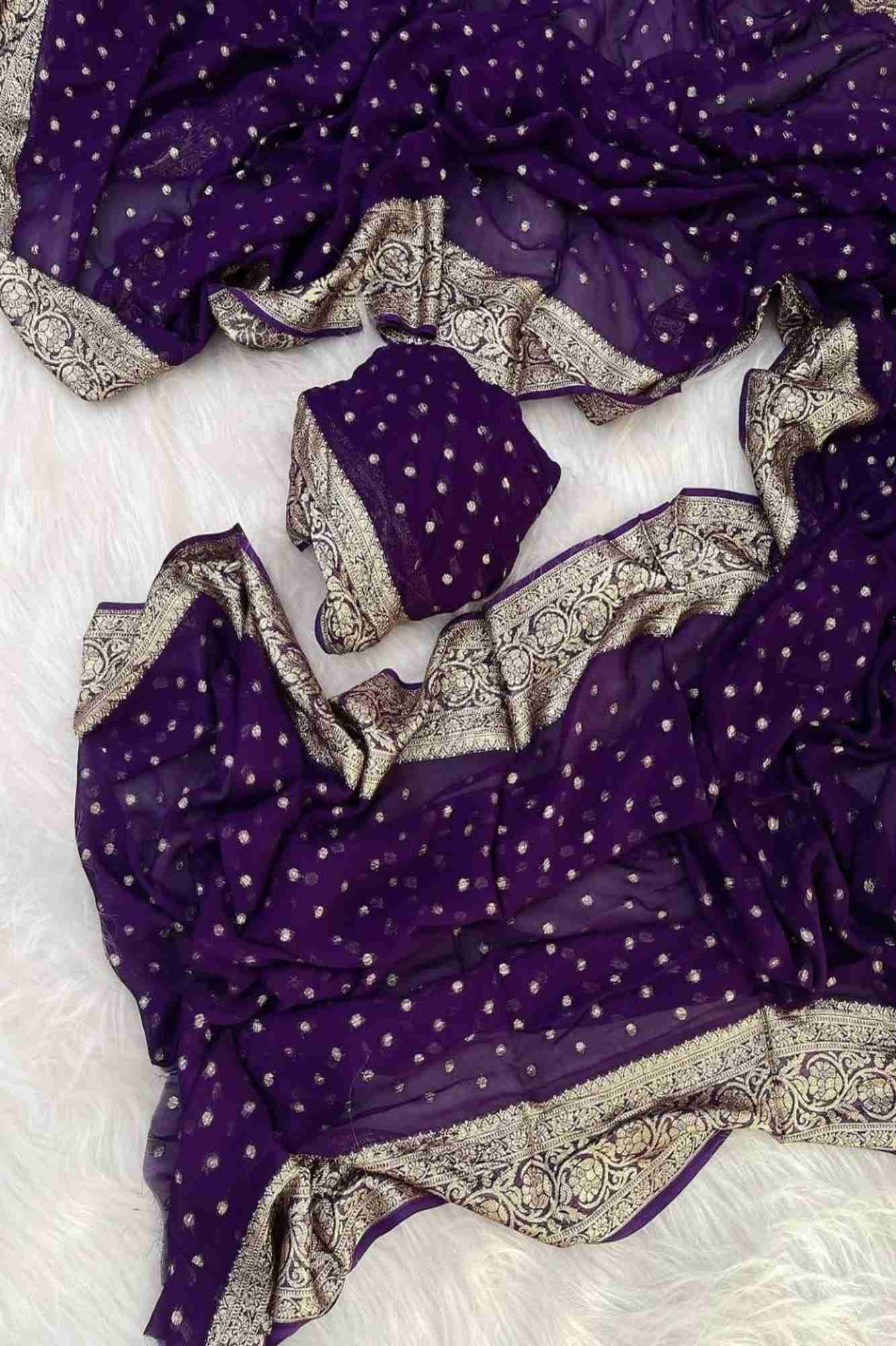Viscose Georgette in Purple with Gold Butti and Intricate Border Ready To Wear Saree - Image 12