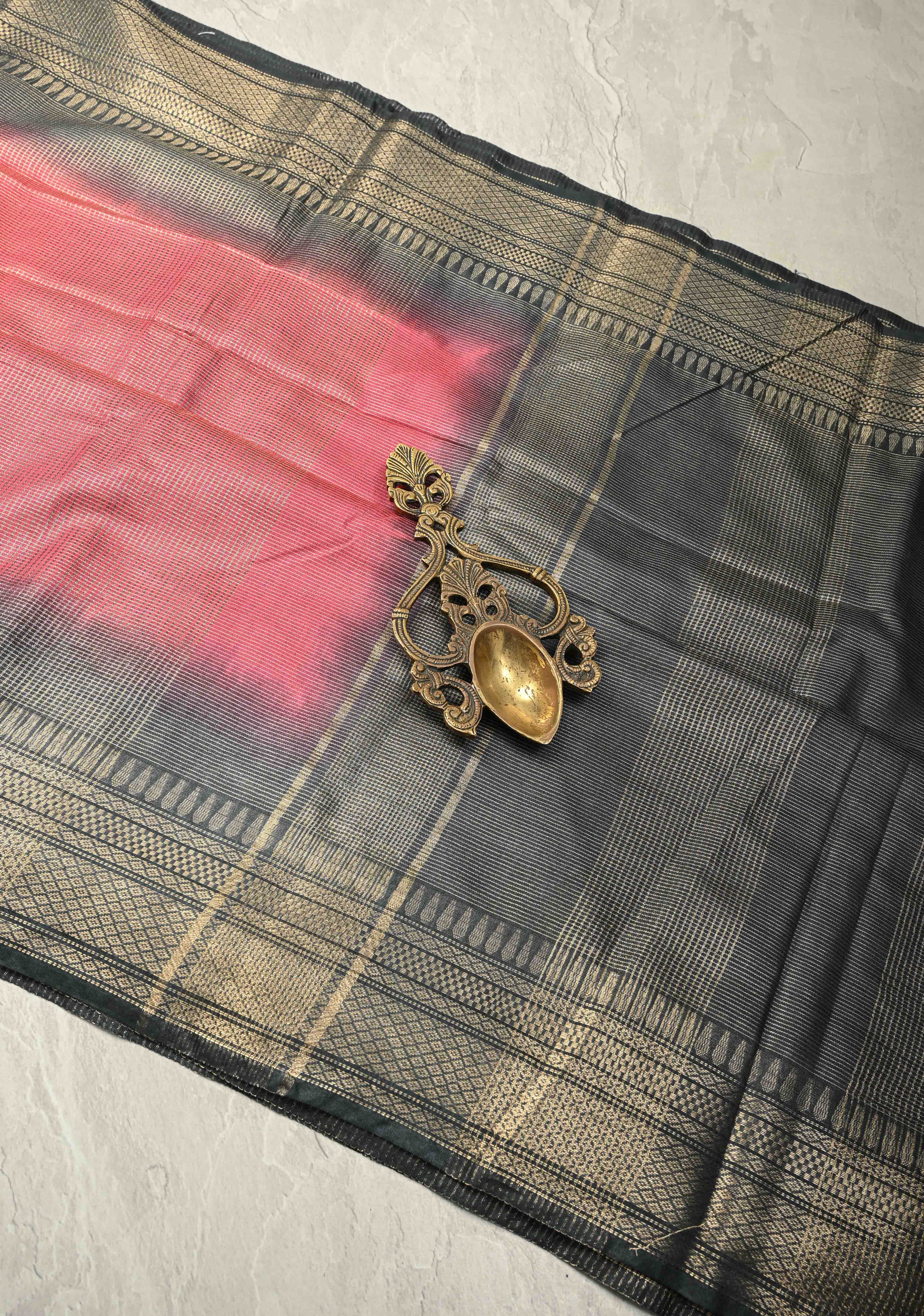 Watermelon Pink Semi Tussar Tissue Saree with Contrast Zari Border and Pallu | Shobitam - Image 4