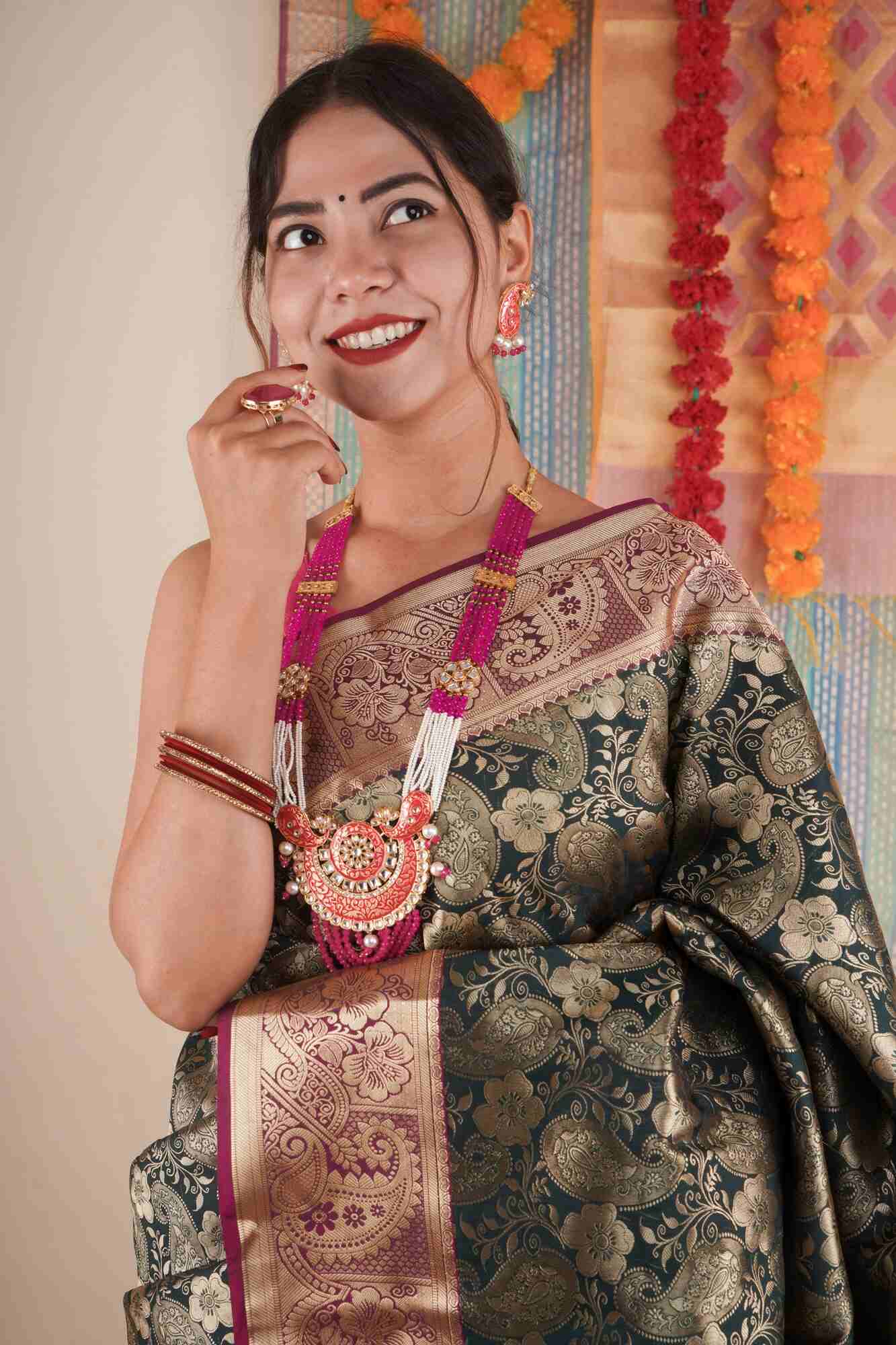 Wedding look special kanjivaram brocade with zari work all over and ornate pallu wrap in 1 minute saree - Image 6