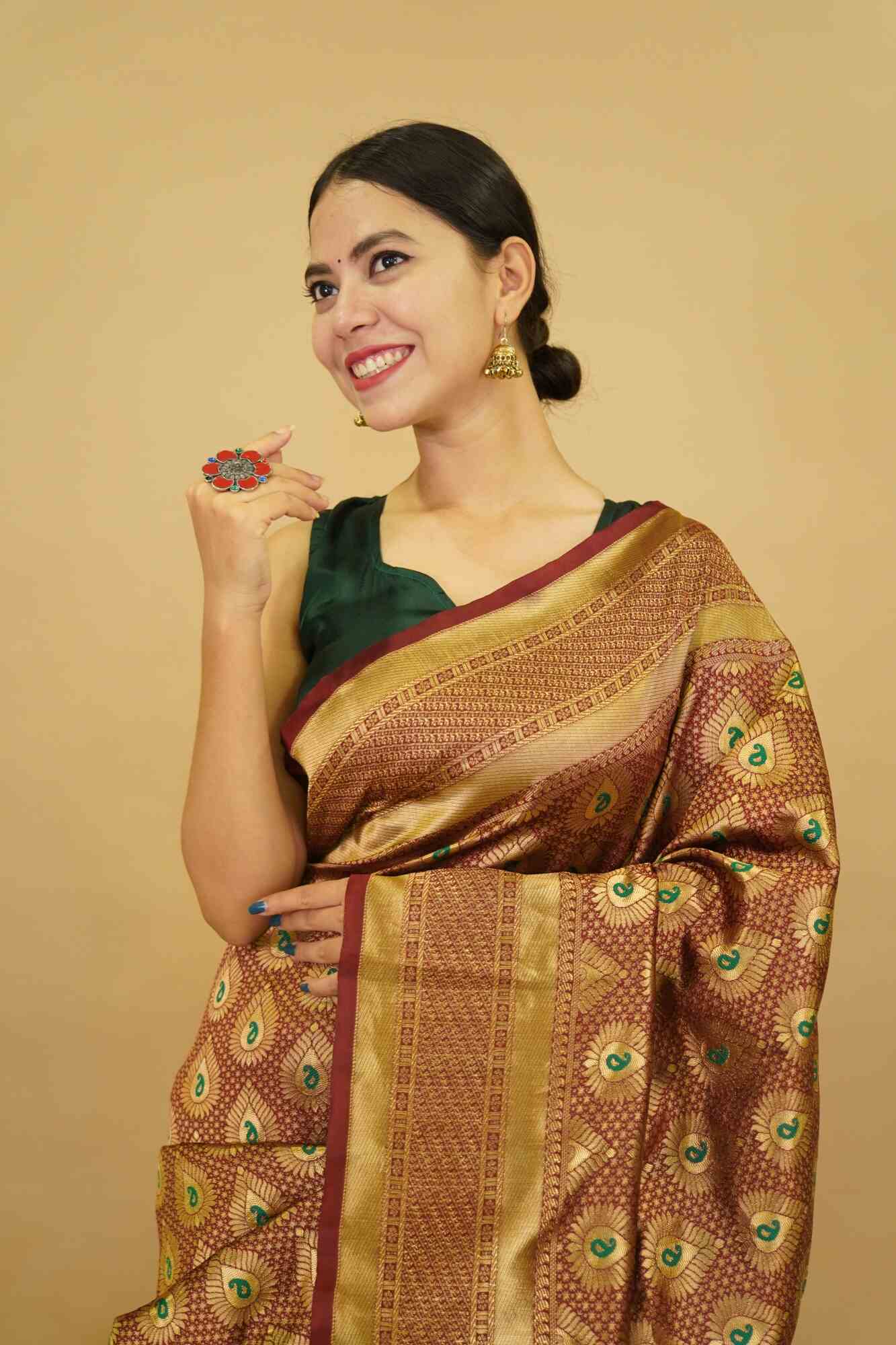 Wedding Rich look Banarasi Zari Woven With jacquard Paisley work Wrap in one minute saree - Image 5