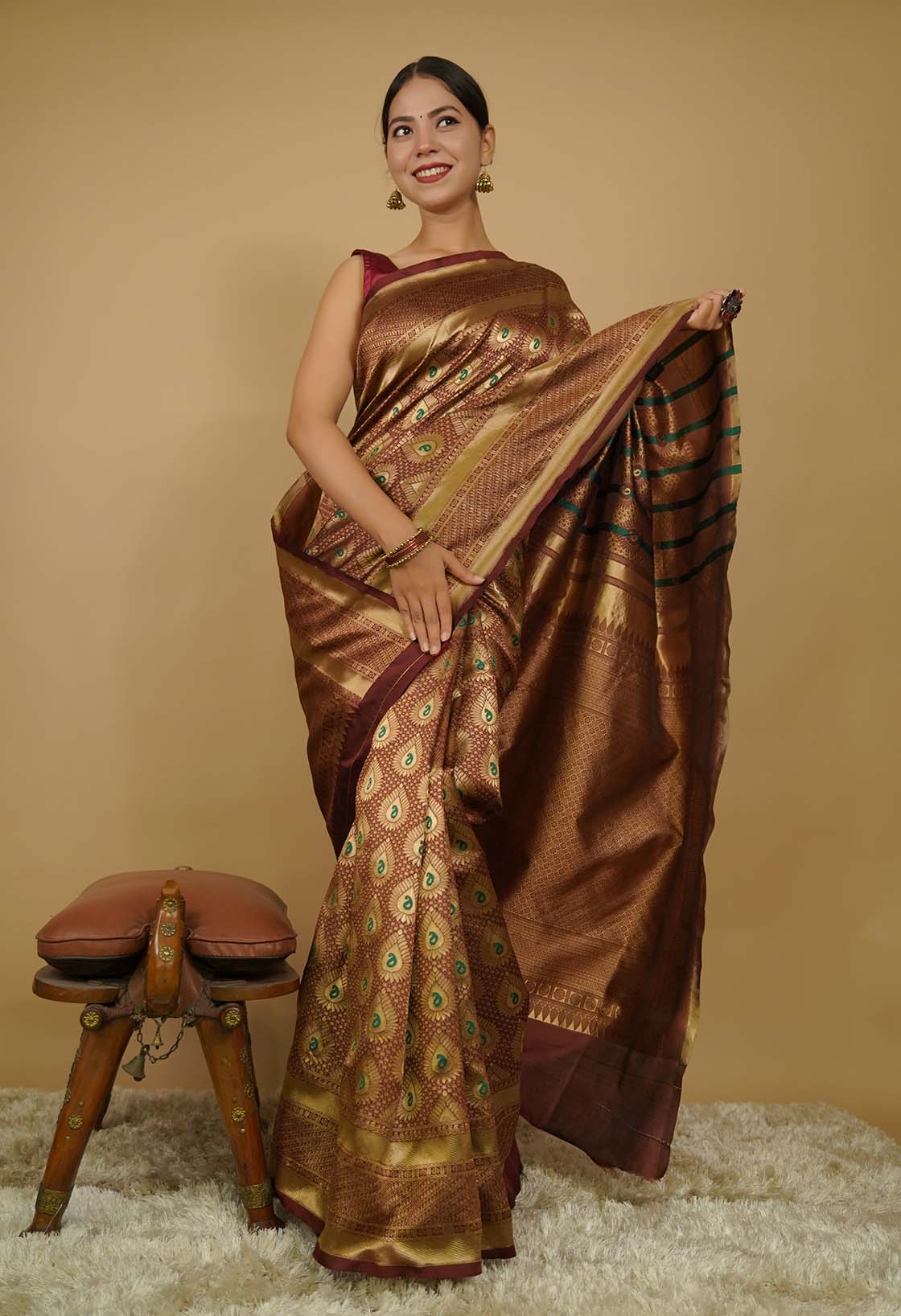 Wedding Rich look Banarasi Zari Woven With jacquard Paisley work Wrap in one minute saree - Image 6