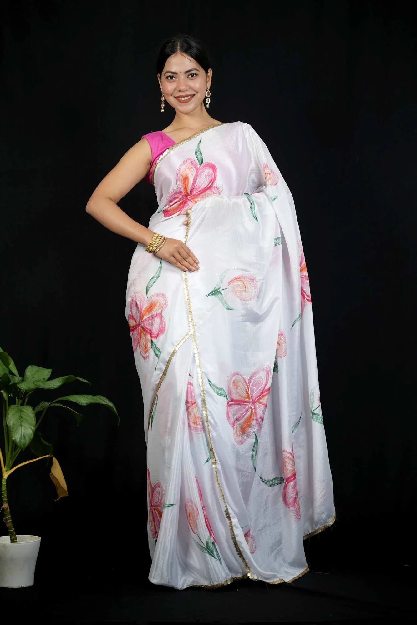 White Chiffon Floral with Golden Sequin Border Ready To Wear Saree - Image 2