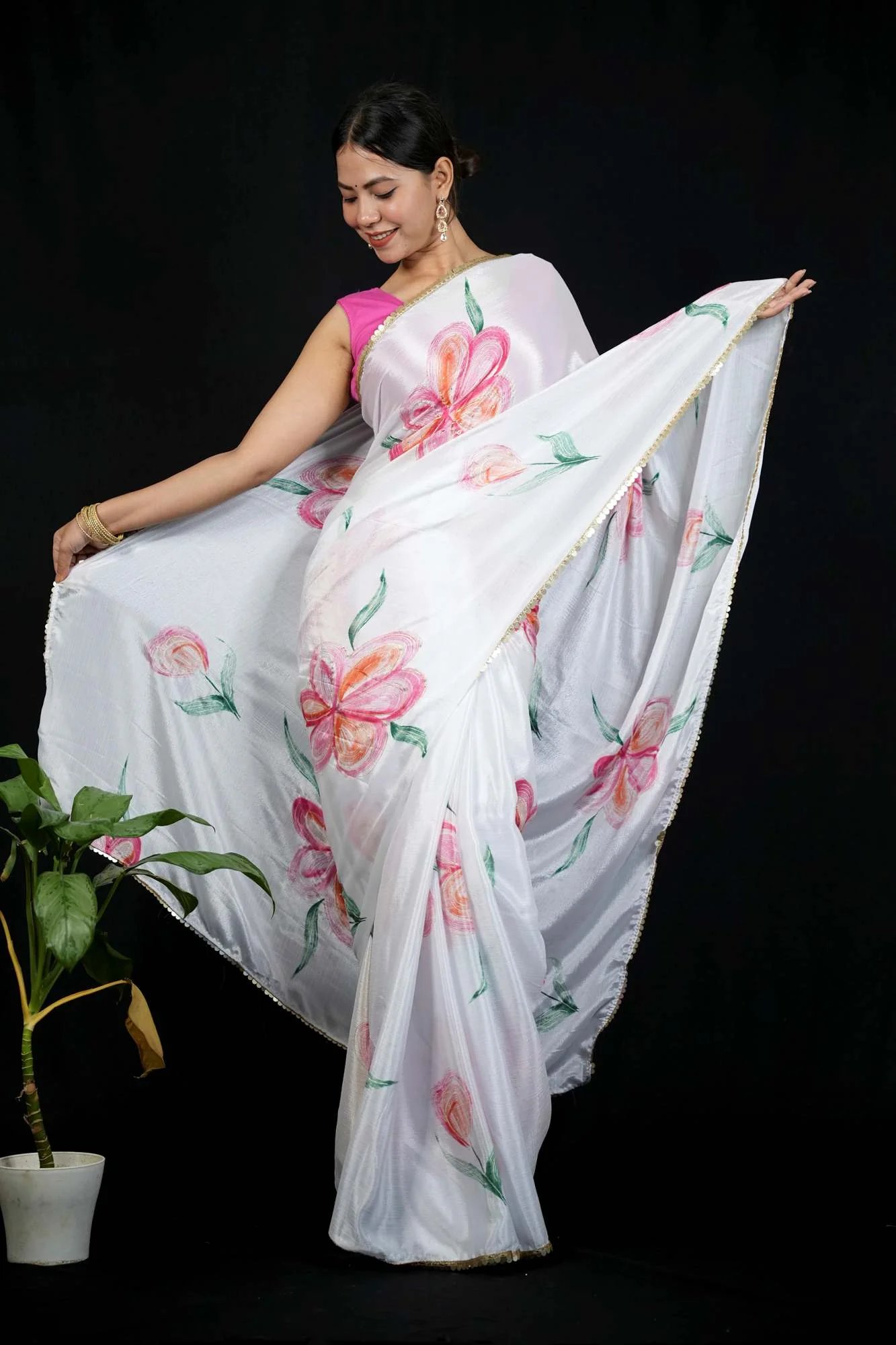 White Chiffon Floral with Golden Sequin Border Ready To Wear Saree - Image 3