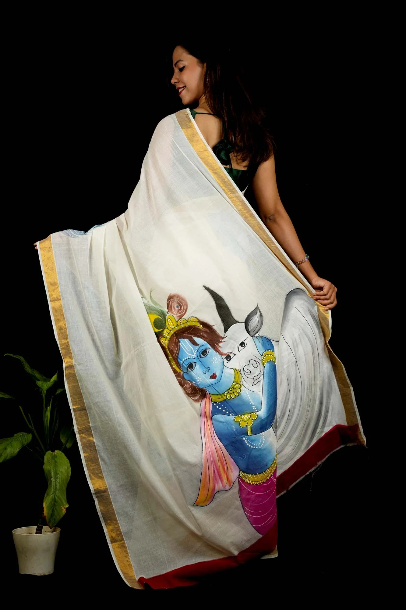 White Cotton Featuring Hand-Painted Krishna with Cow Ready To Wear Saree - Image 5