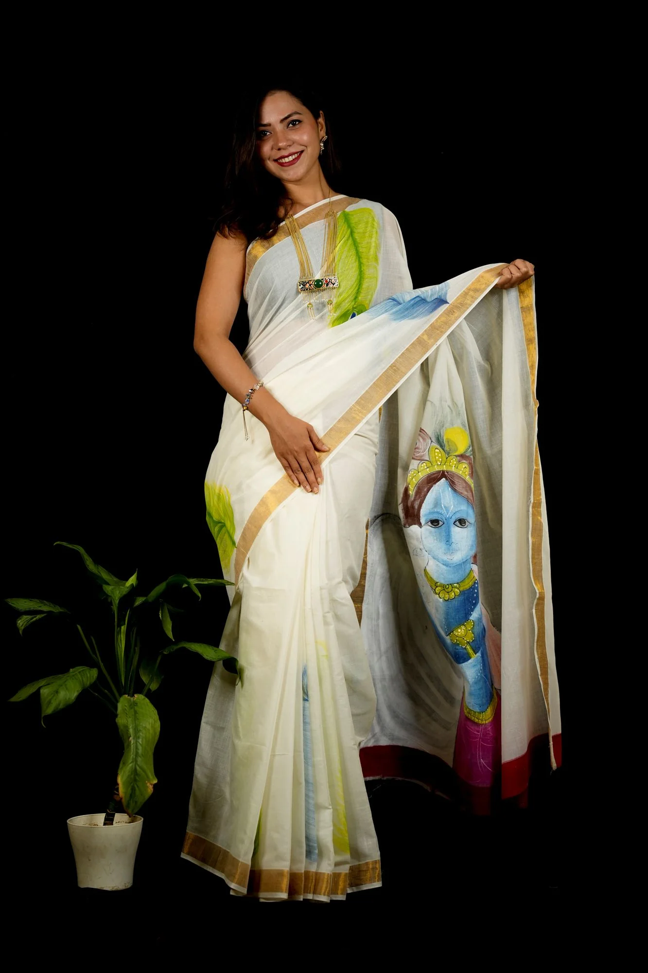 White Cotton Featuring Hand-Painted Krishna with Cow Ready To Wear Saree - Image 6