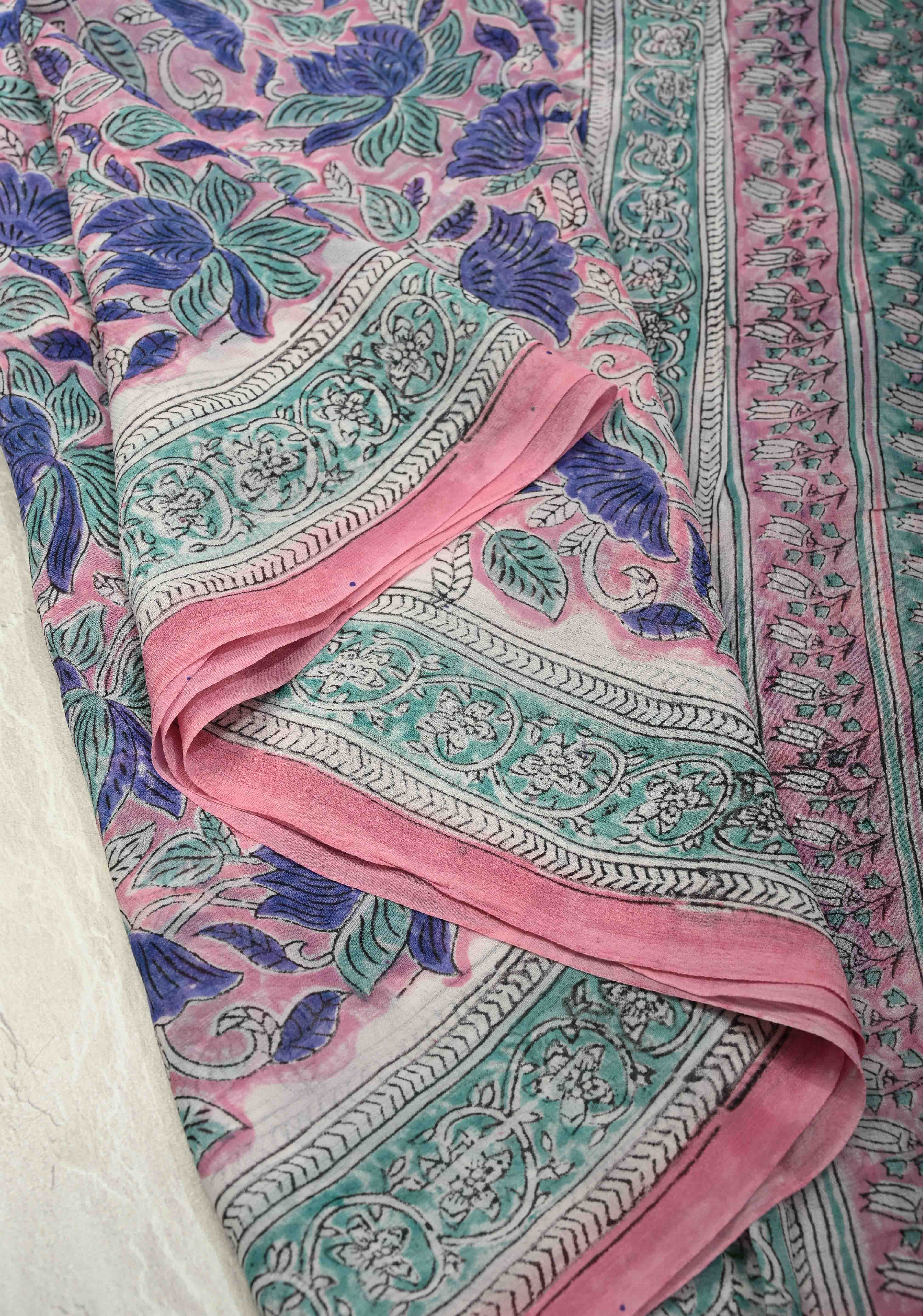 Blush Pink Georgette Saree with Sanganeri Hand Block Print | Shobitam - Image 4