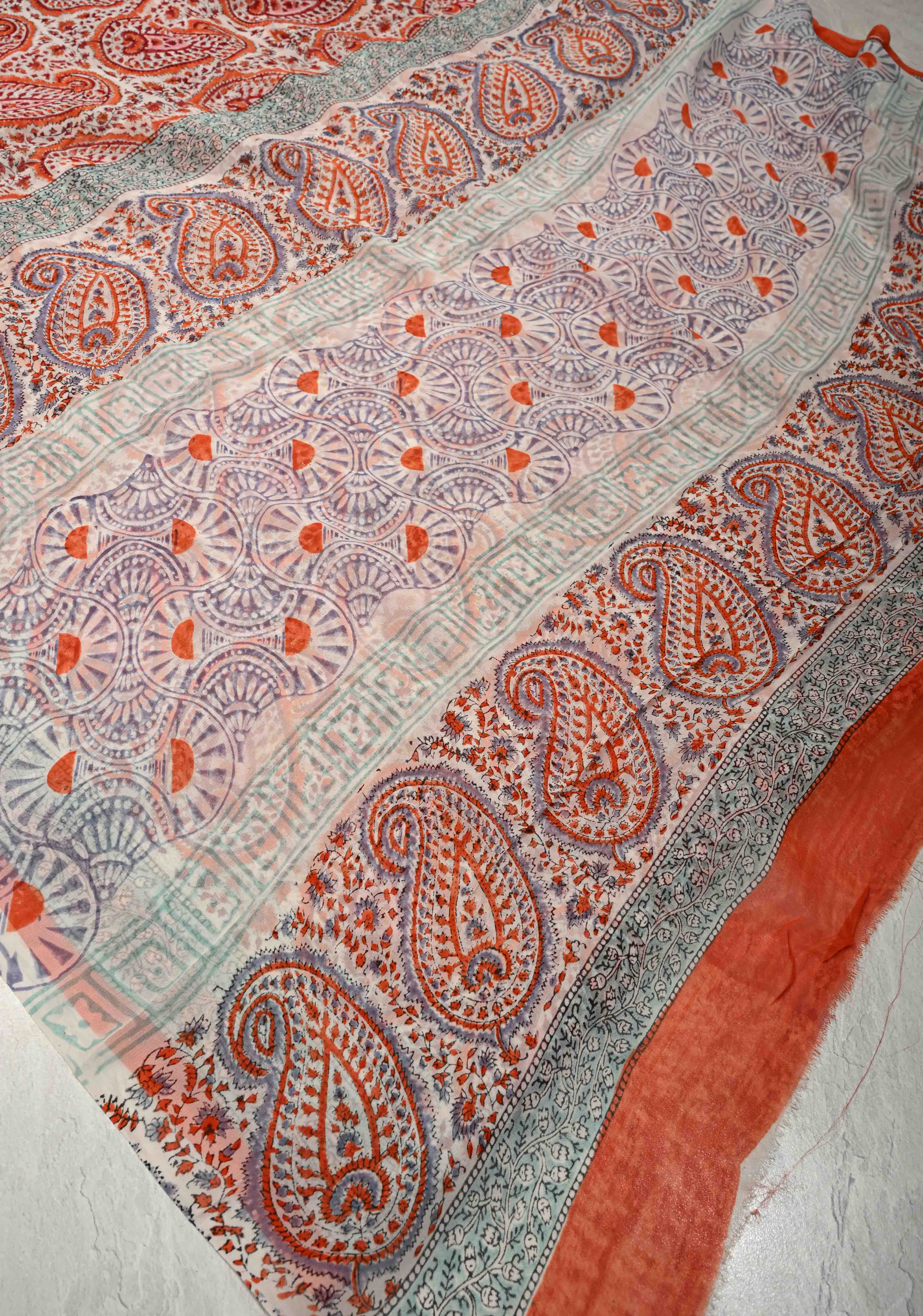 White Georgette Saree with Sanganeri Hand Block Print | Shobitam - Image 6