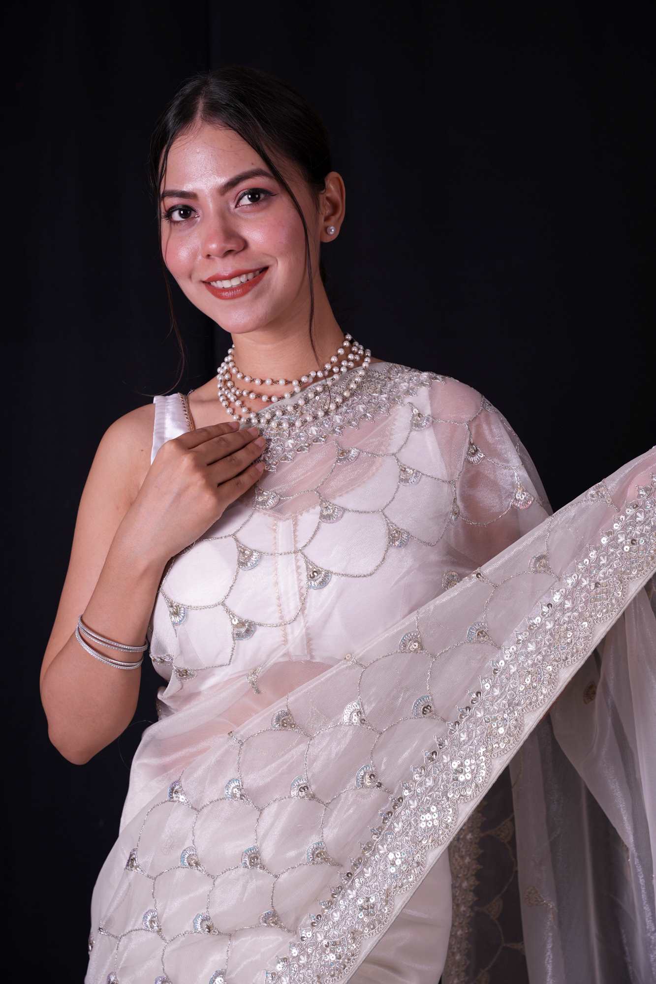 White Net with Silver Sequin Scalloped Embellishments & Shimmering Trim Ready To Wear Saree - Image 8