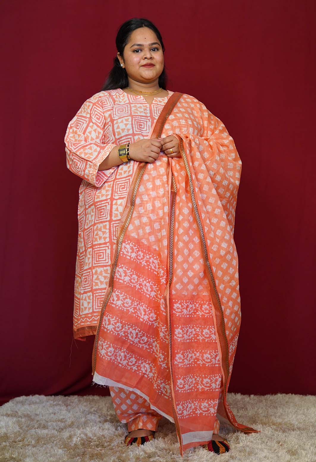 White Pink handblock print ready to wear Salwar-Kameez with printed Dupatta - Image 3