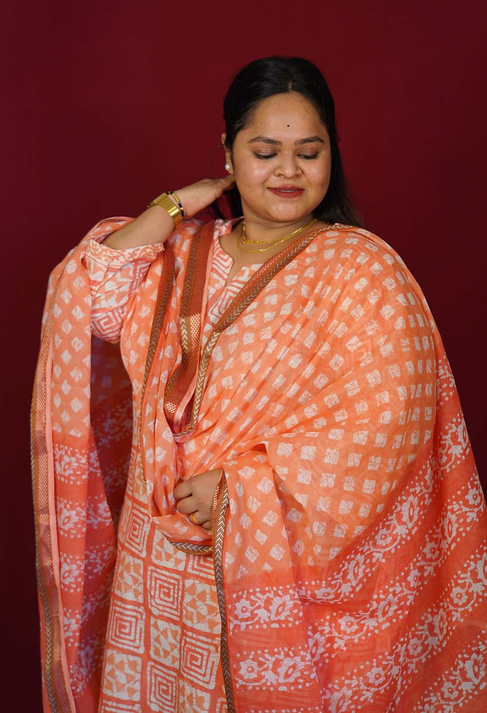 White Pink handblock print ready to wear Salwar-Kameez with printed Dupatta - Image 4