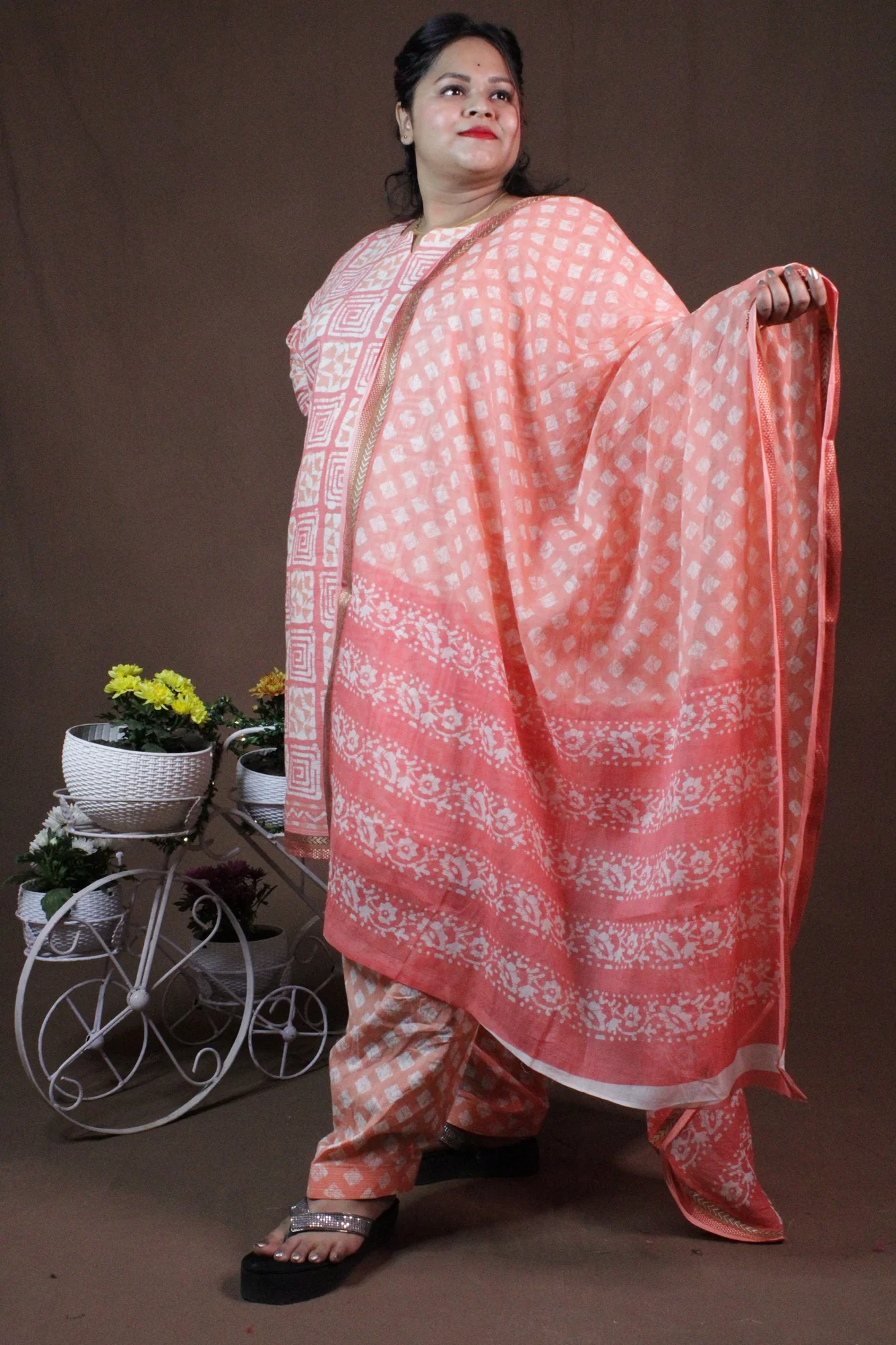White Pink handblock print ready to wear Salwar-Kameez with printed Dupatta - Image 8