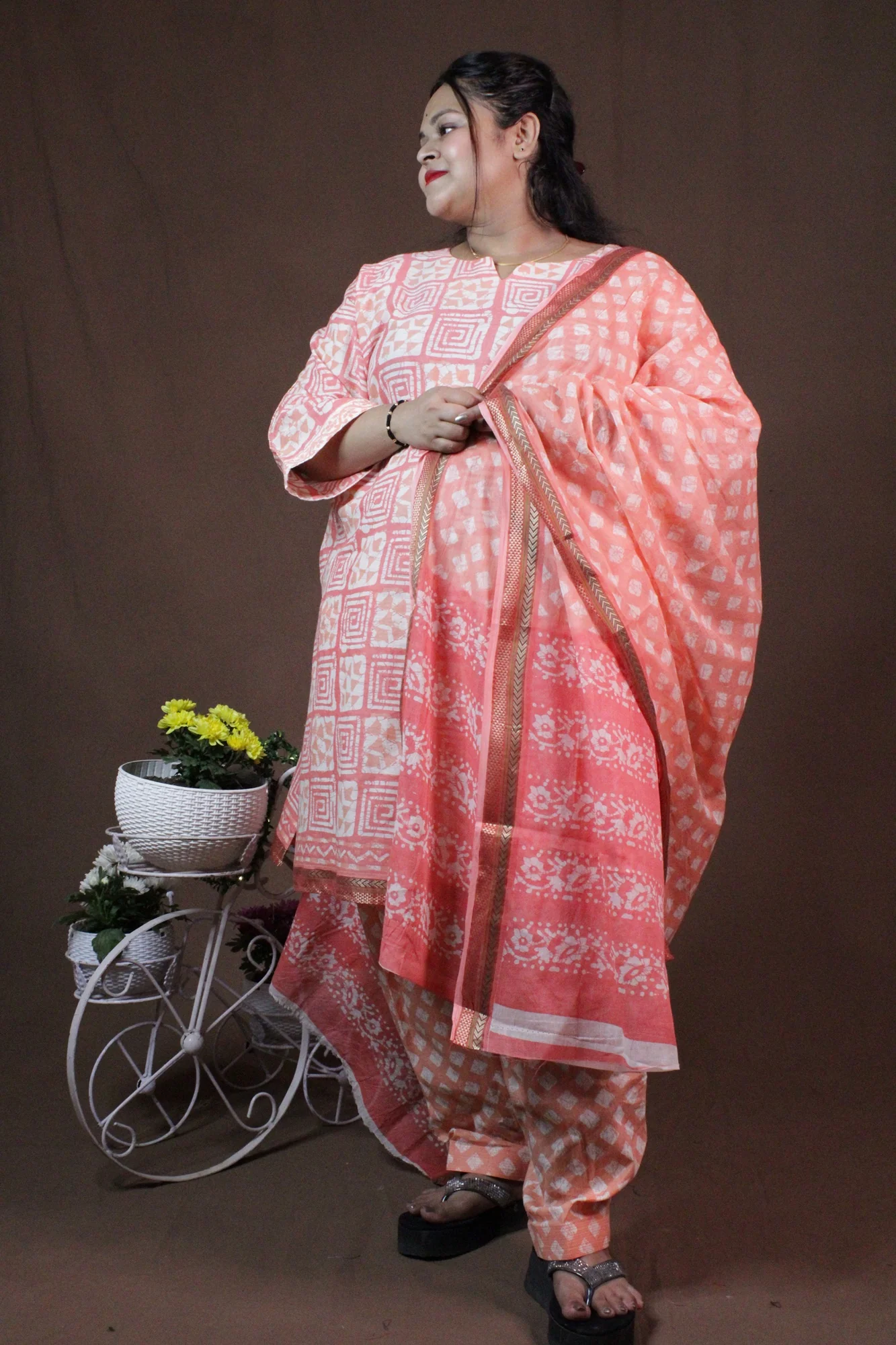White Pink handblock print ready to wear Salwar-Kameez with printed Dupatta - Image 9