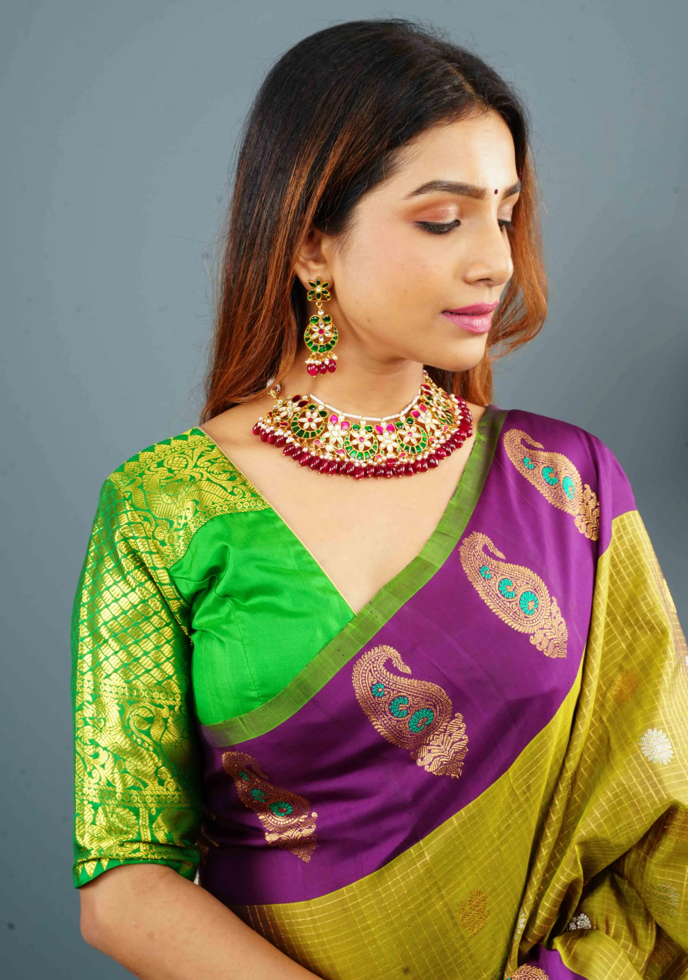 Green Pure Silk blouse with Zari Shoulder and Vanasingaram sleeve borders, Customizable, Made to Order | Shobitam - Image 4