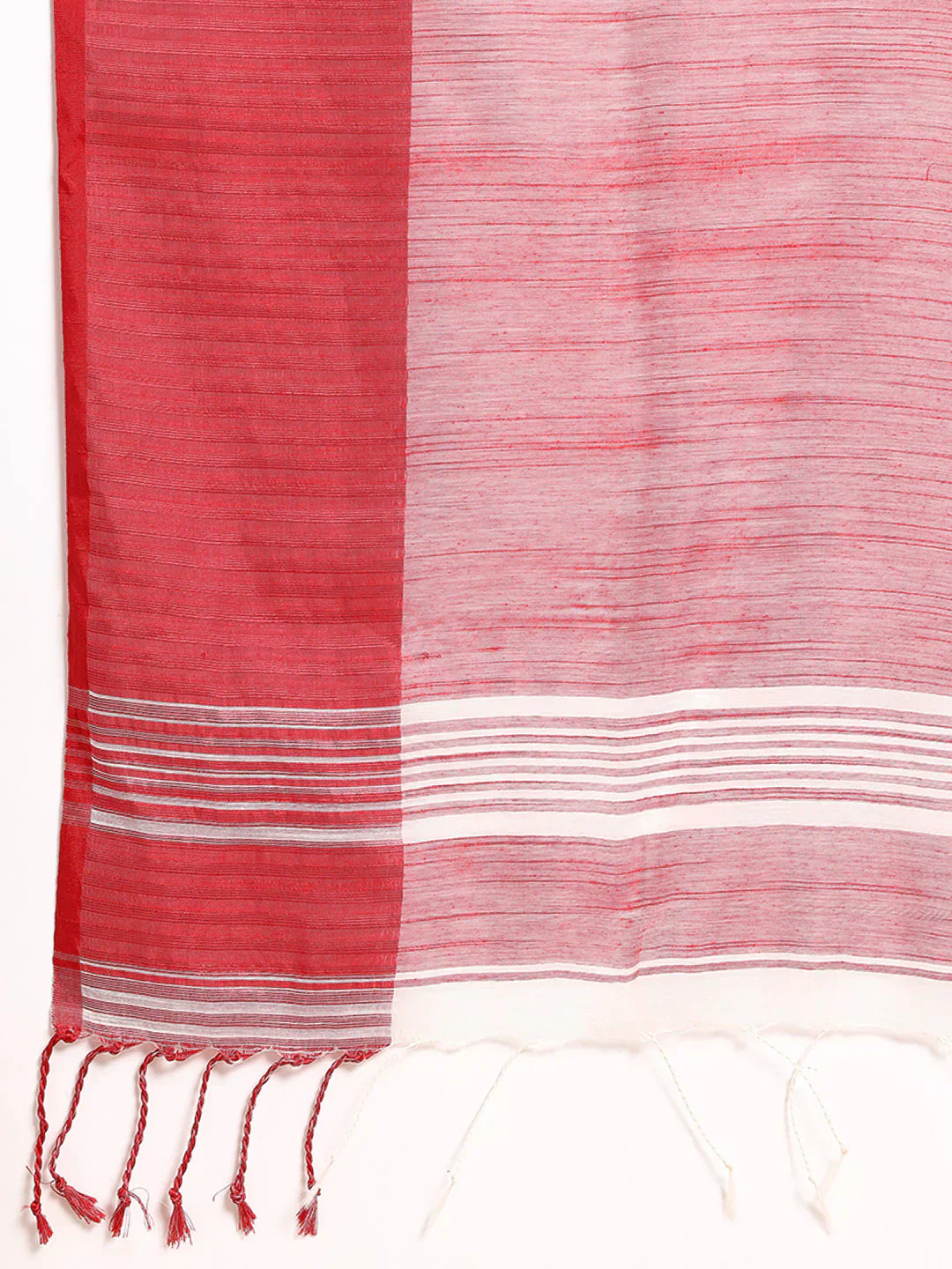 White-Red Silk Cotton Saree with Temple Border and Blouse piece - Image 6