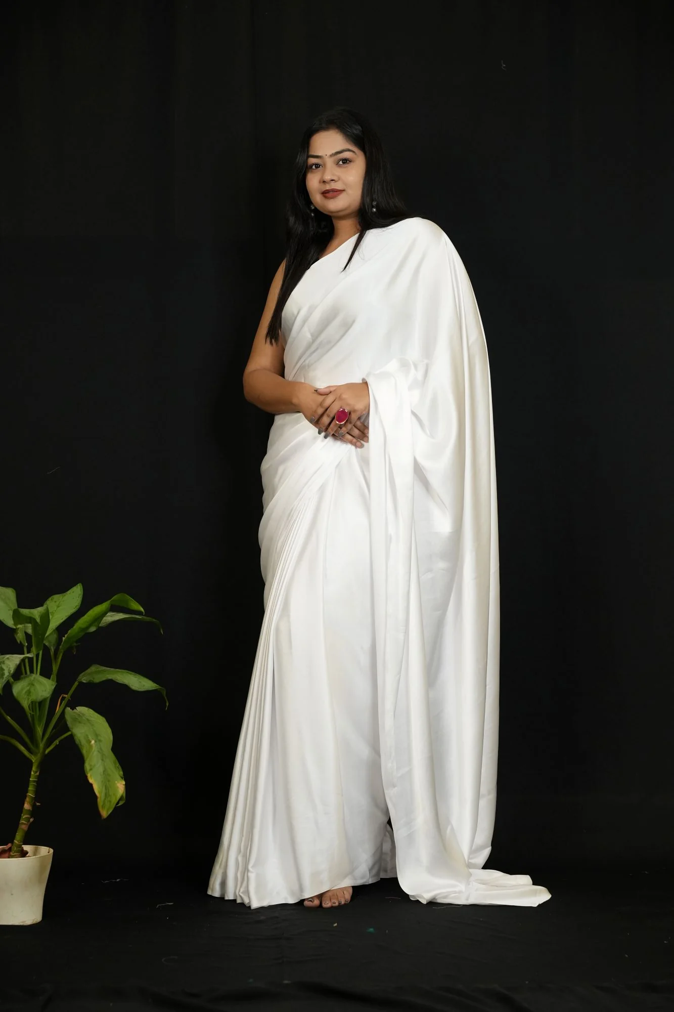 White Satin Wrap In One Minute Saree - Image 6