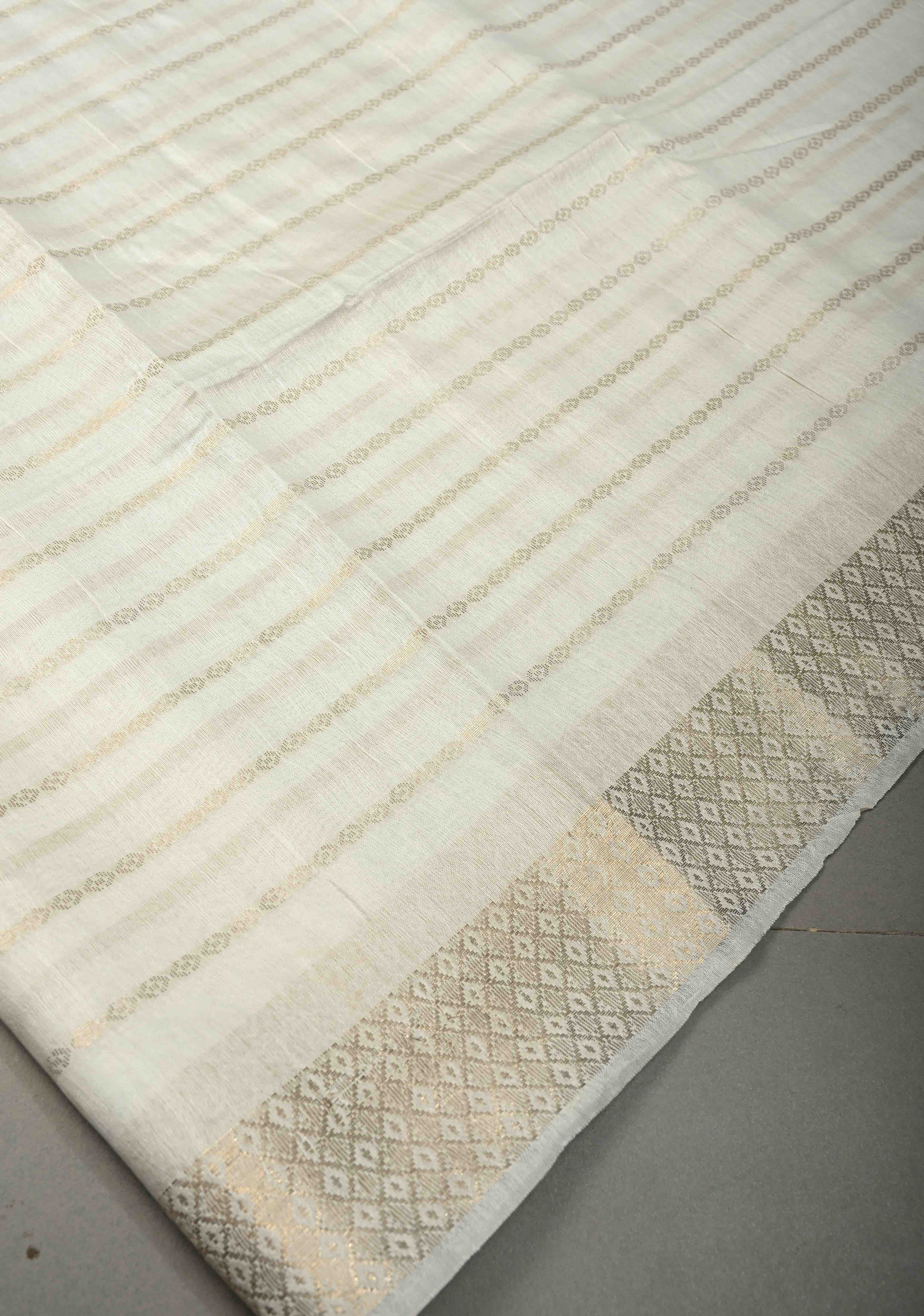 White Semi Tussar Saree Zari Stripes and Zari Border | Shobitam - Image 5