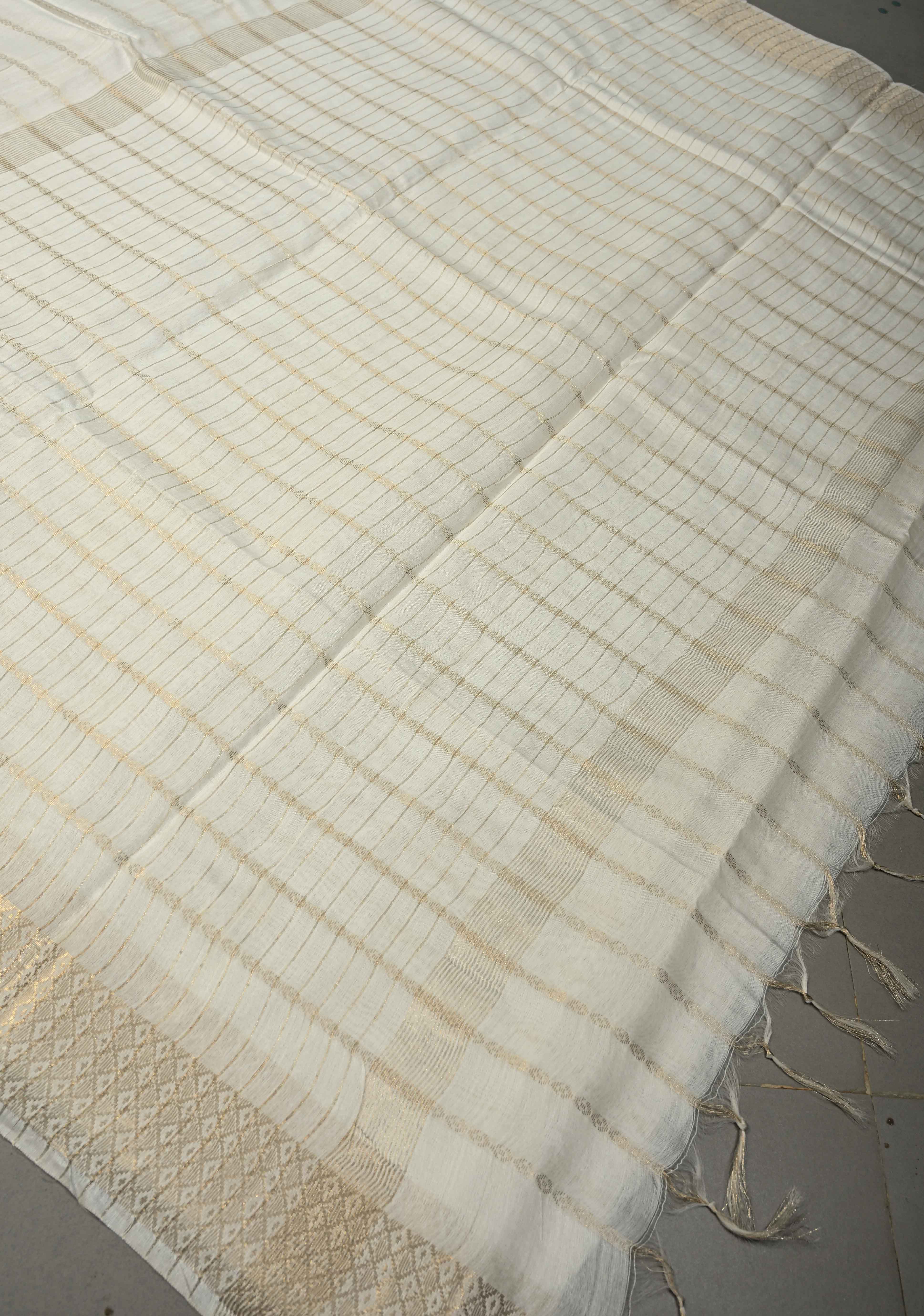 White Semi Tussar Saree Zari Stripes and Zari Border | Shobitam - Image 8