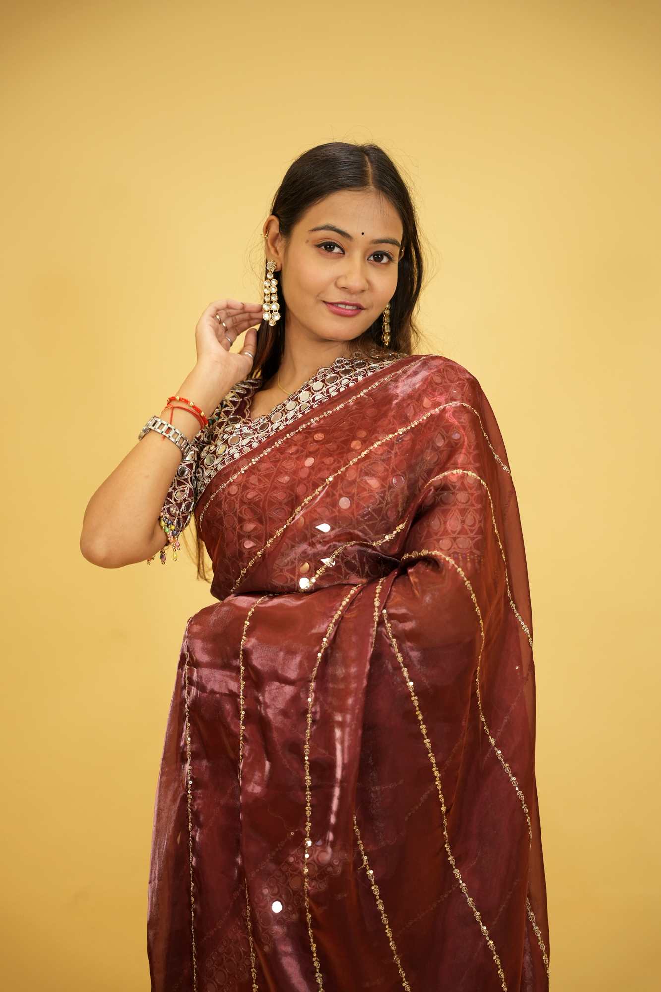 Wine Organza Mirror Work with Embroidered Ready To Wear Saree - Image 10