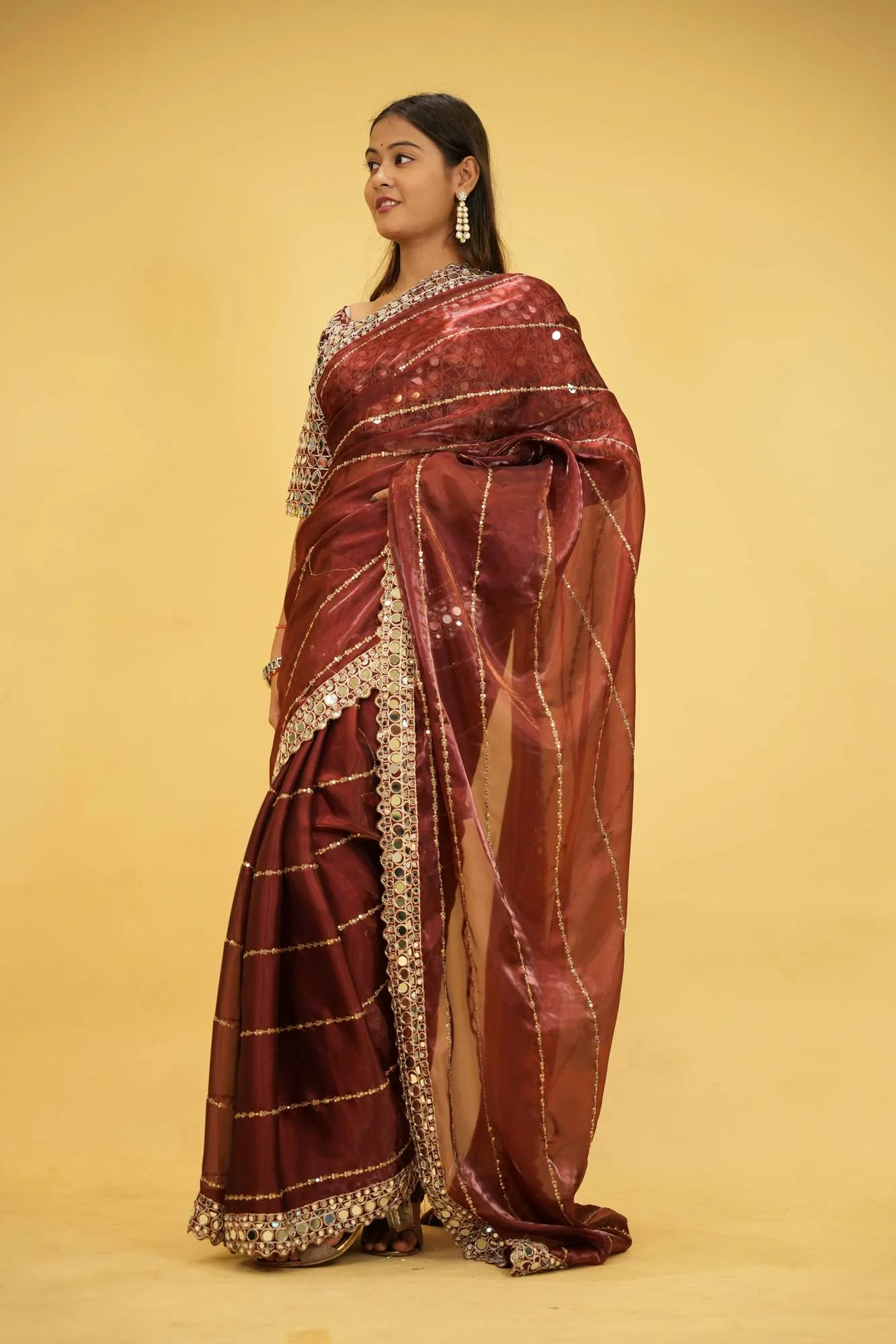 Wine Organza Mirror Work with Embroidered Ready To Wear Saree - Image 8