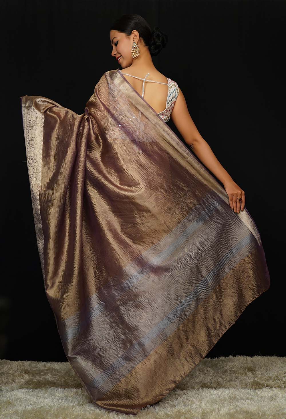 Wine Rusty Classy Crushed Tissue  With  jacquard  border Wrap in 1 minute saree - Image 4