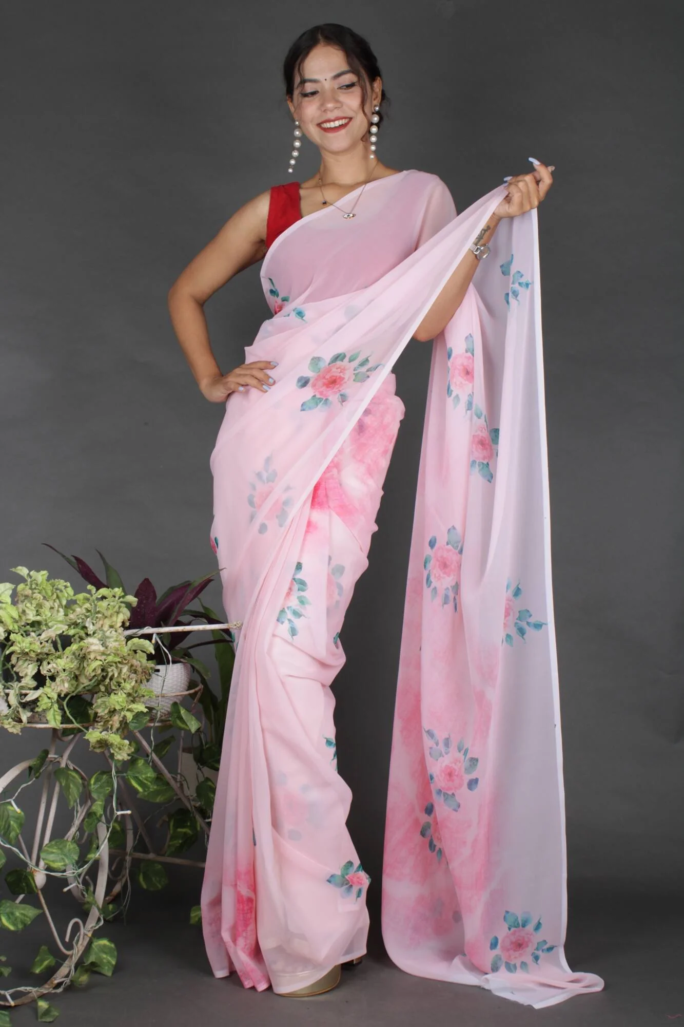 Wrap in 1 Minute Pink Floral Georgette Ready made saree with ready blouse - Image 2