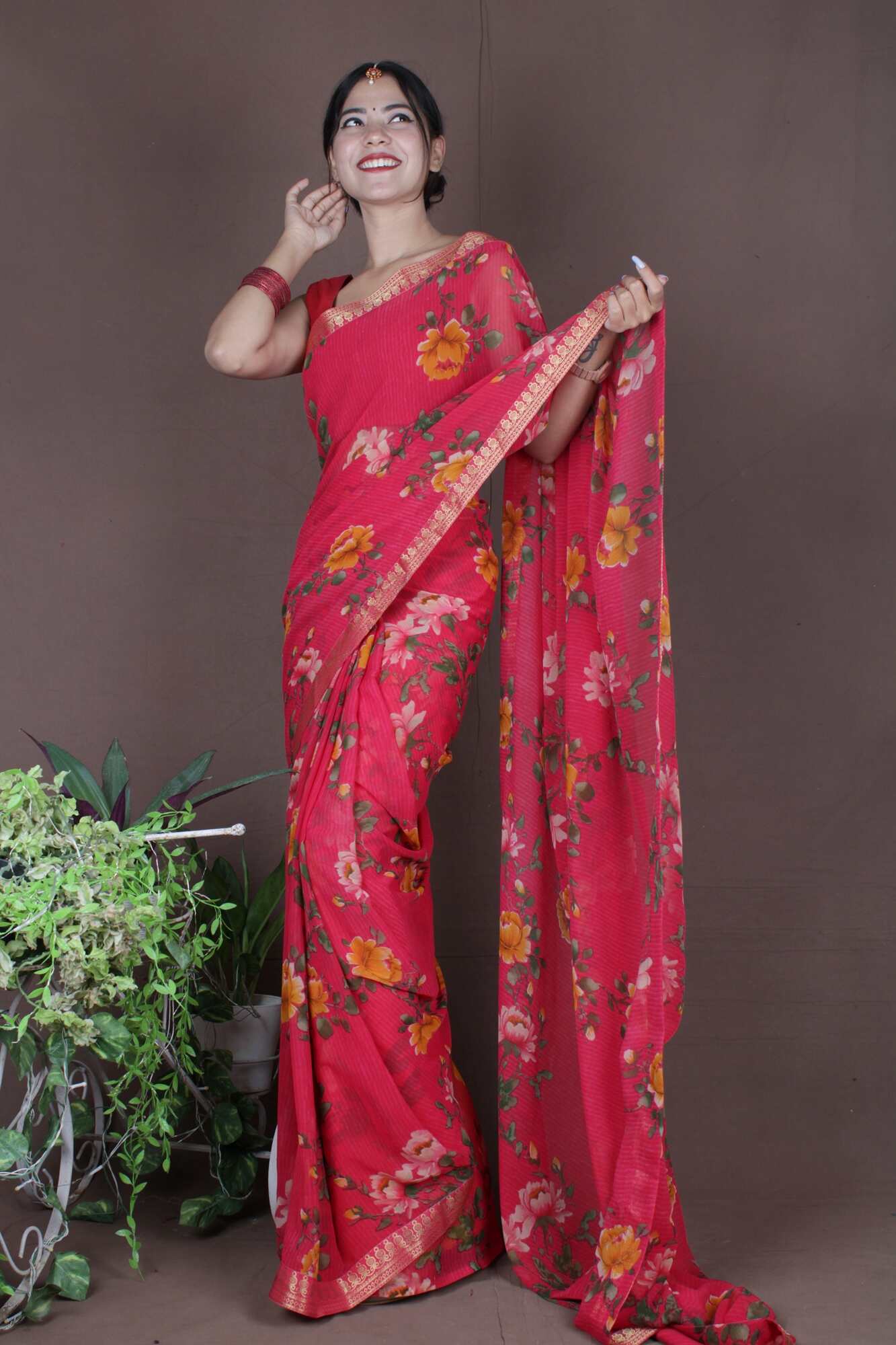 Wrap in 1 Minute Red Georgette Flower Printed with Lace Border Ready to Wear Saree - Image 3