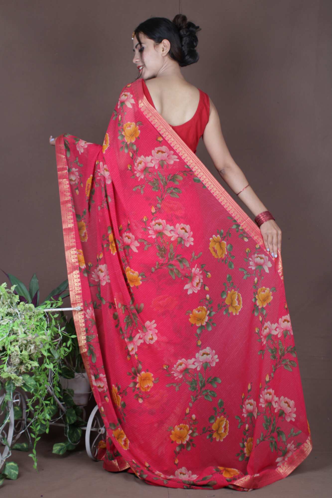 Wrap in 1 Minute Red Georgette Flower Printed with Lace Border Ready to Wear Saree - Image 4