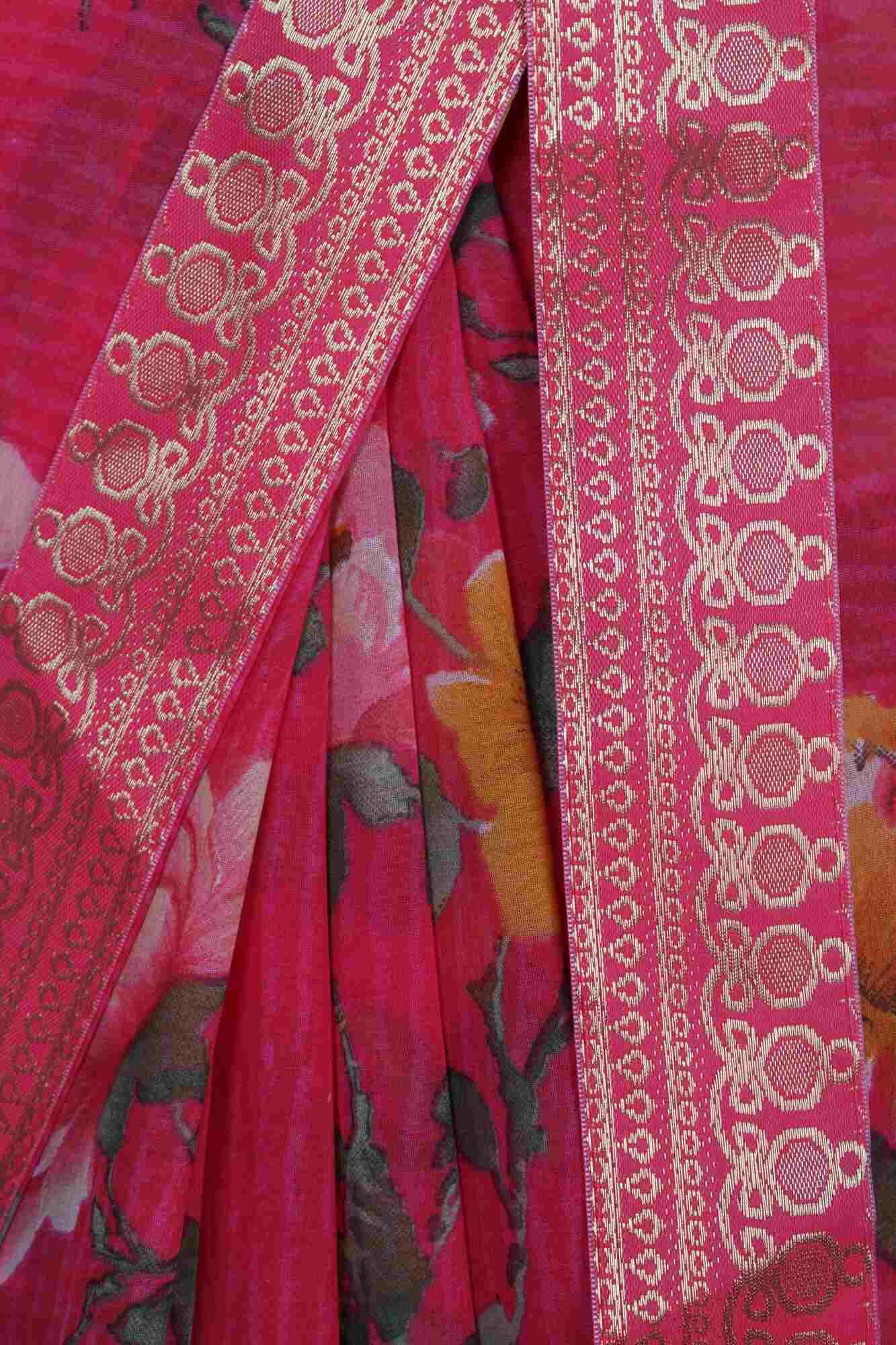 Wrap in 1 Minute Red Georgette Flower Printed with Lace Border Ready to Wear Saree - Image 5