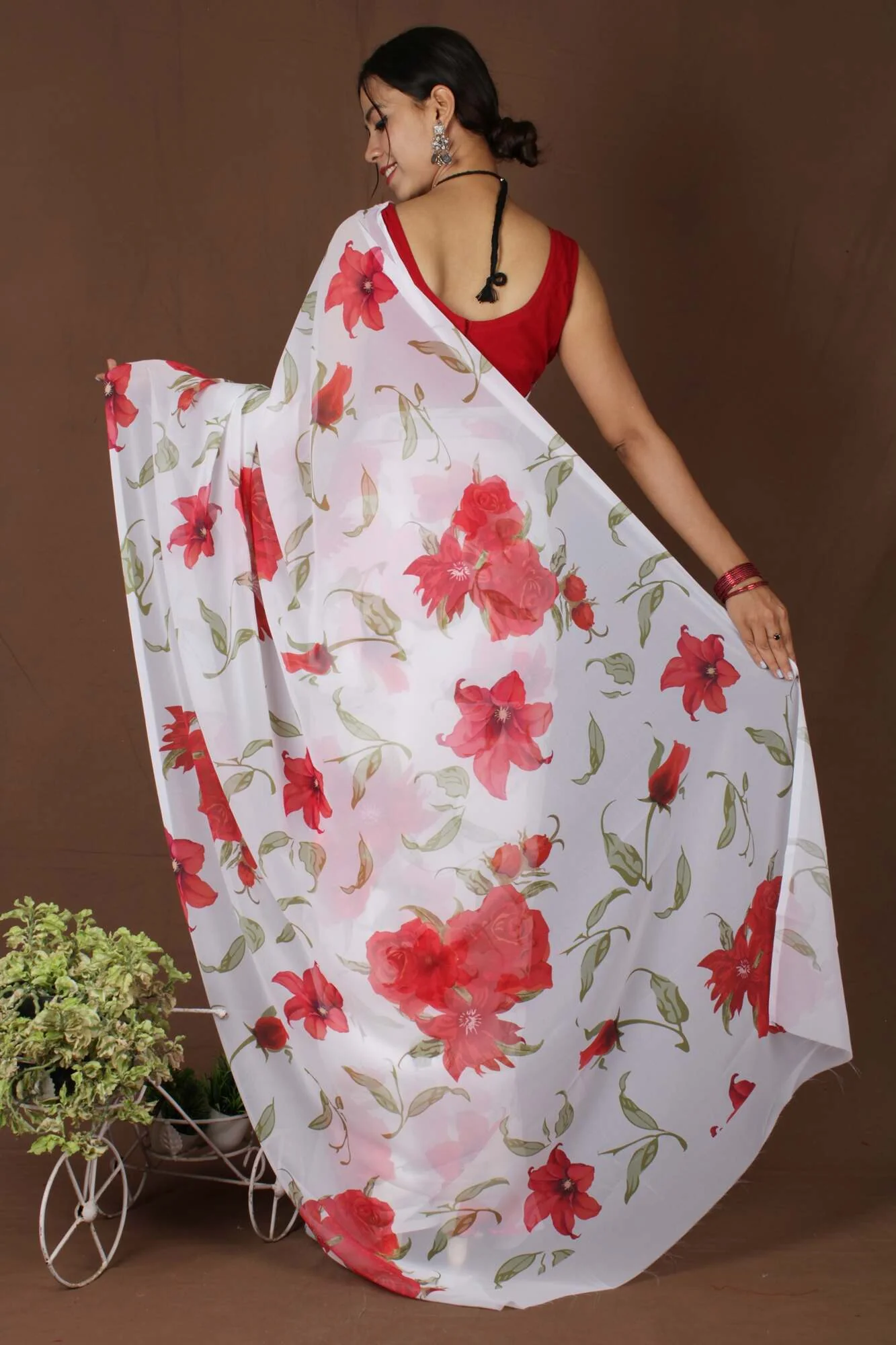 Wrap in 1 Minute White With Red Floral Georgette ready to wear saree - Image 3