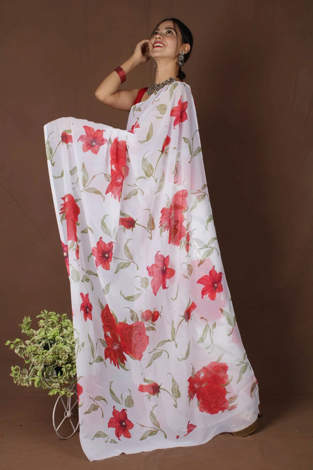 Wrap in 1 Minute White With Red Floral Georgette ready to wear saree - Image 4