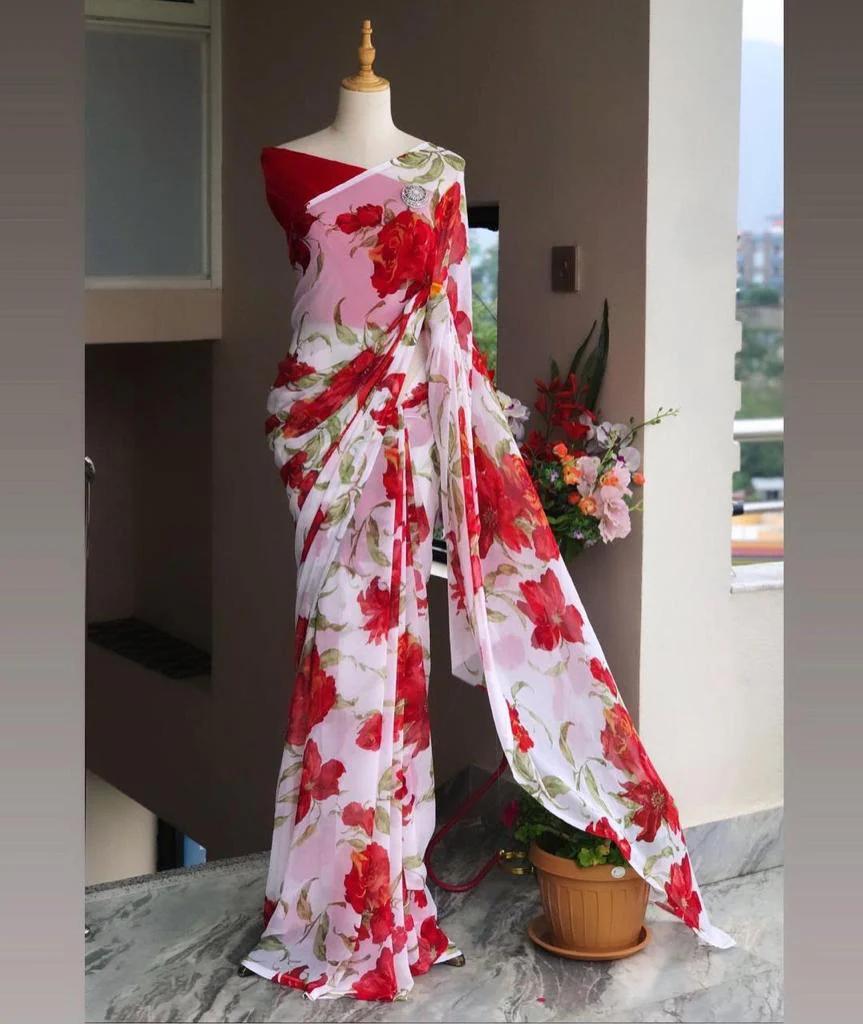 Wrap in 1 Minute White With Red Floral Georgette ready to wear saree - Image 5