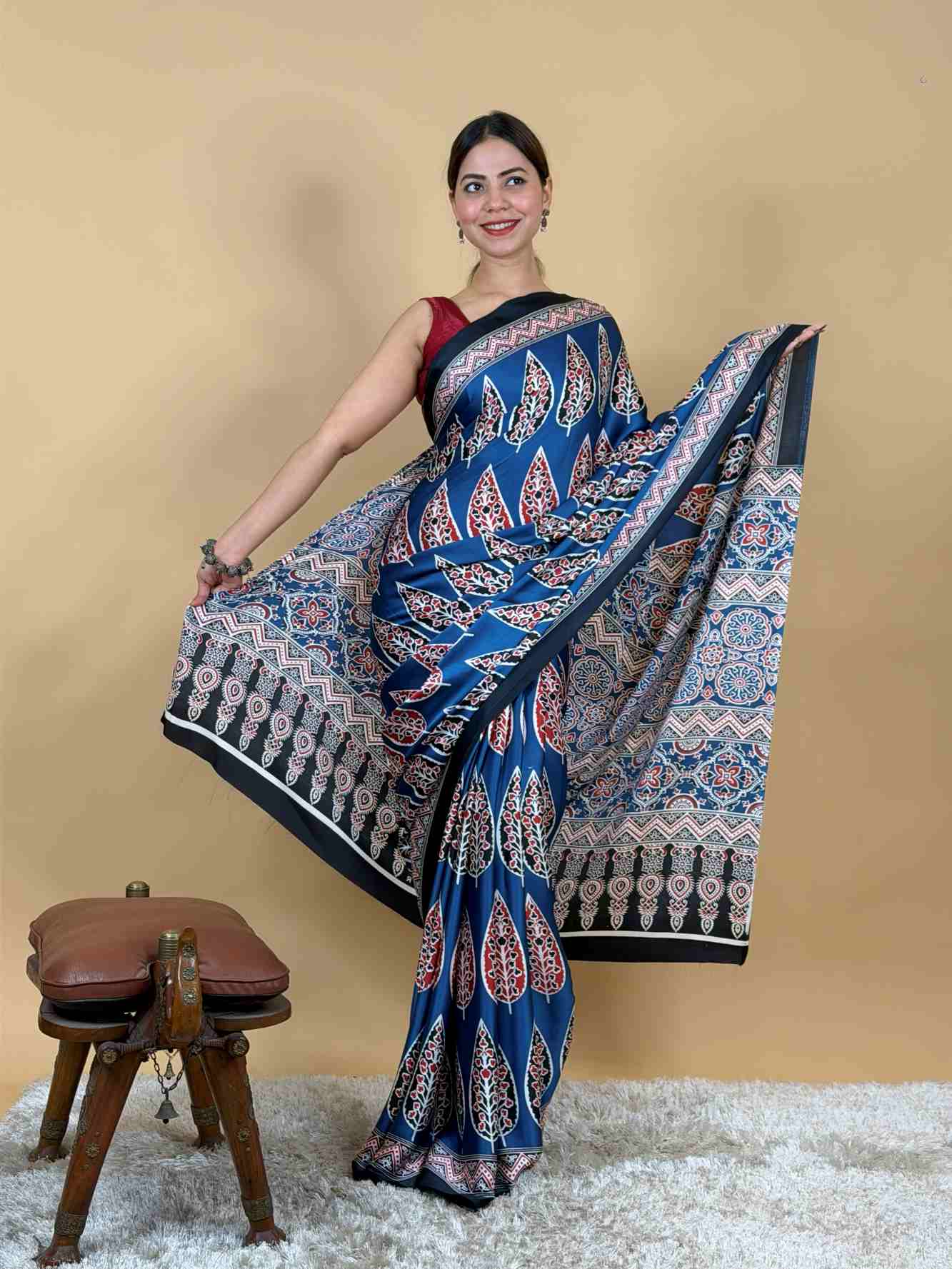 Wrap in one minute saree Ajrak Mill Printed Japan Satin Silk - Image 3