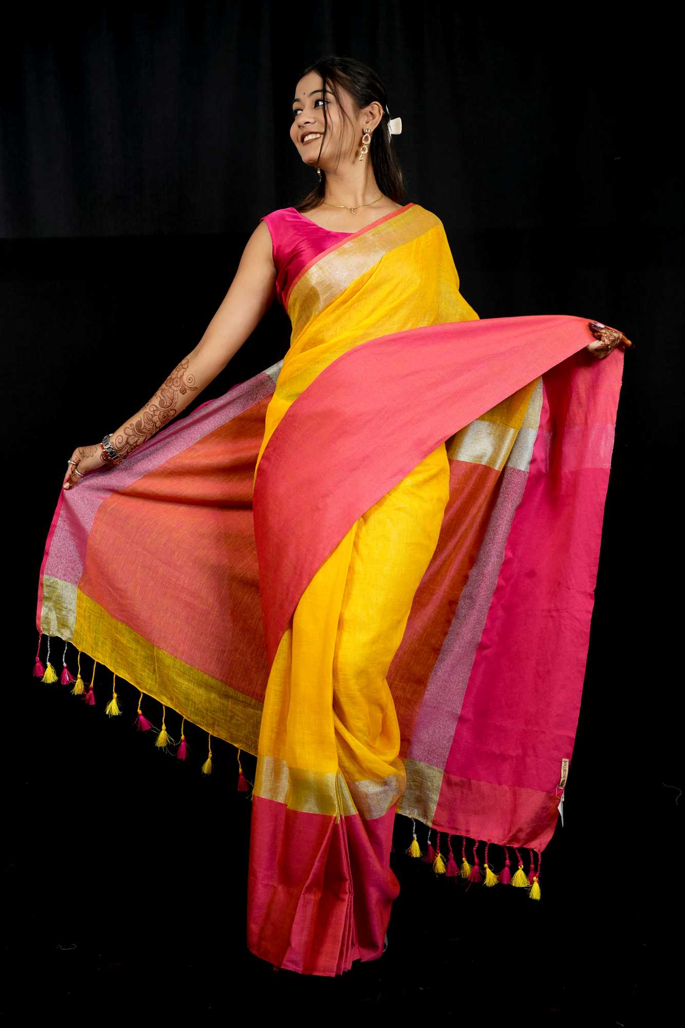 Yellow and Bright Pink Wide Border Linen by Linen  Ready to wear Saree - Image 10