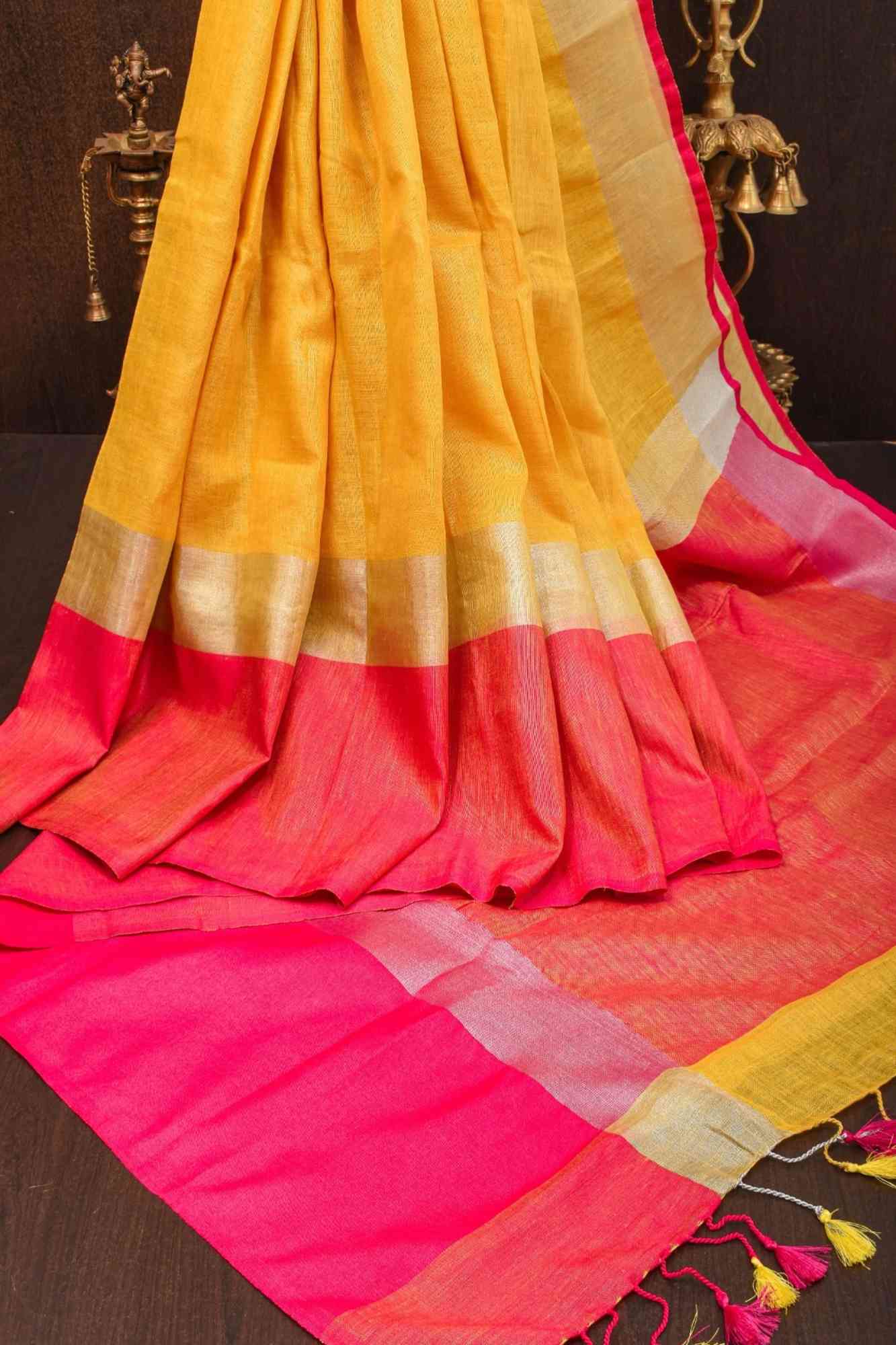Yellow and Bright Pink Wide Border Linen by Linen  Ready to wear Saree - Image 17