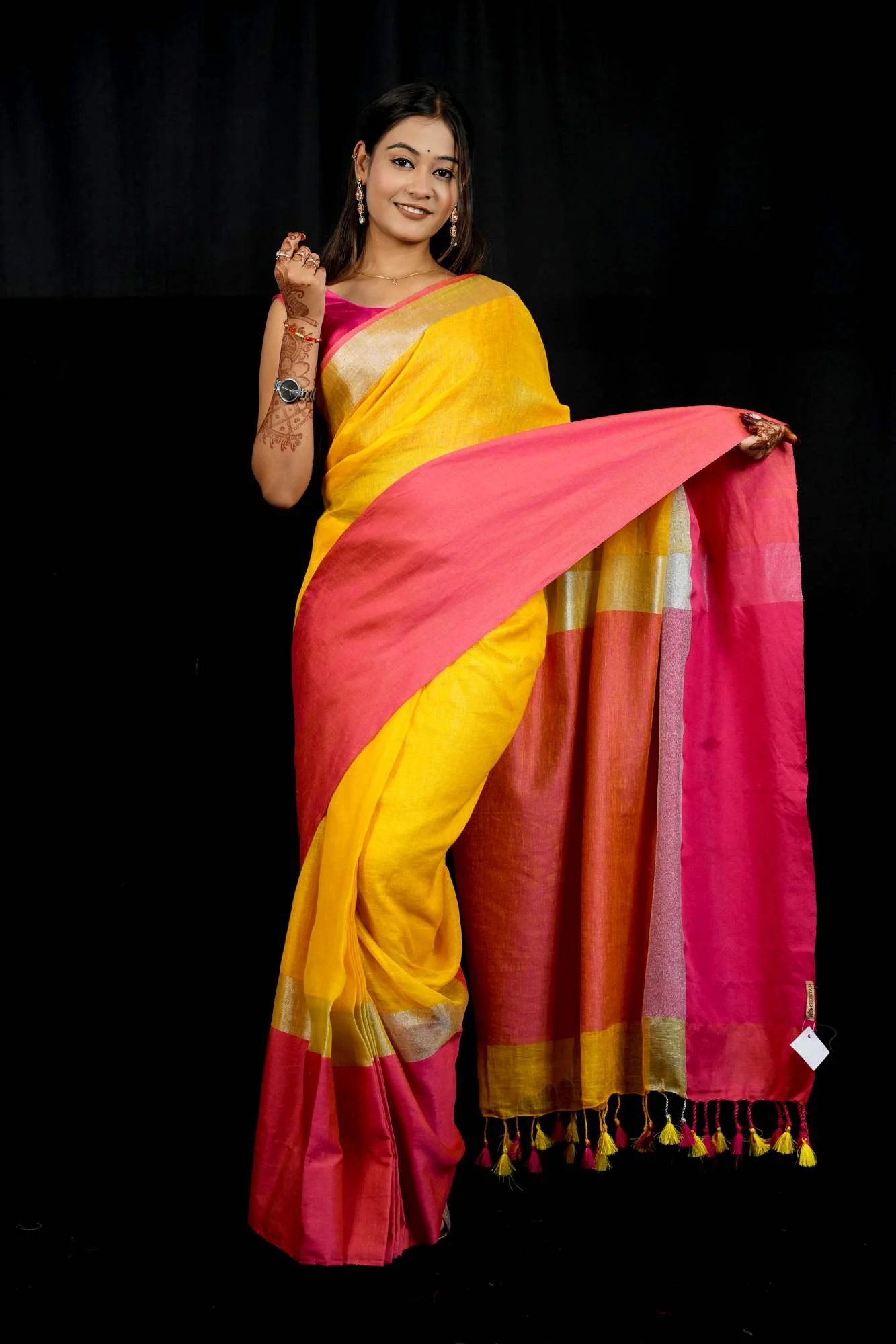 Yellow and Bright Pink Wide Border Linen by Linen  Ready to wear Saree - Image 3